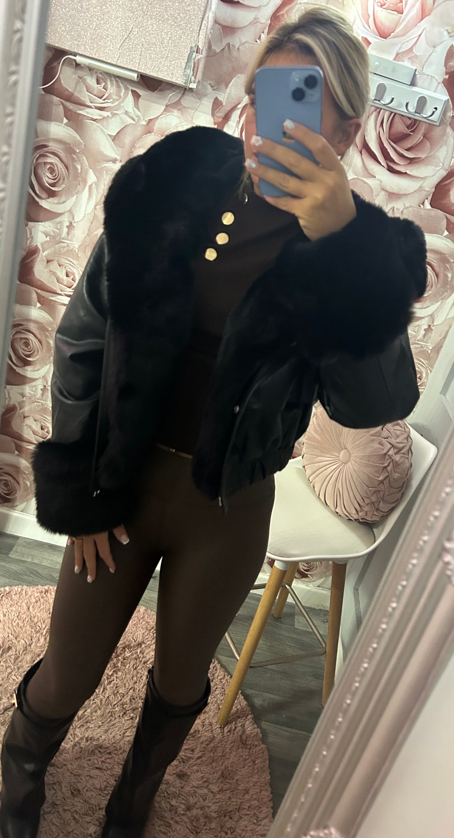 Fur Lined and Fur Trimmed Hooded PU Faux Leather Coat