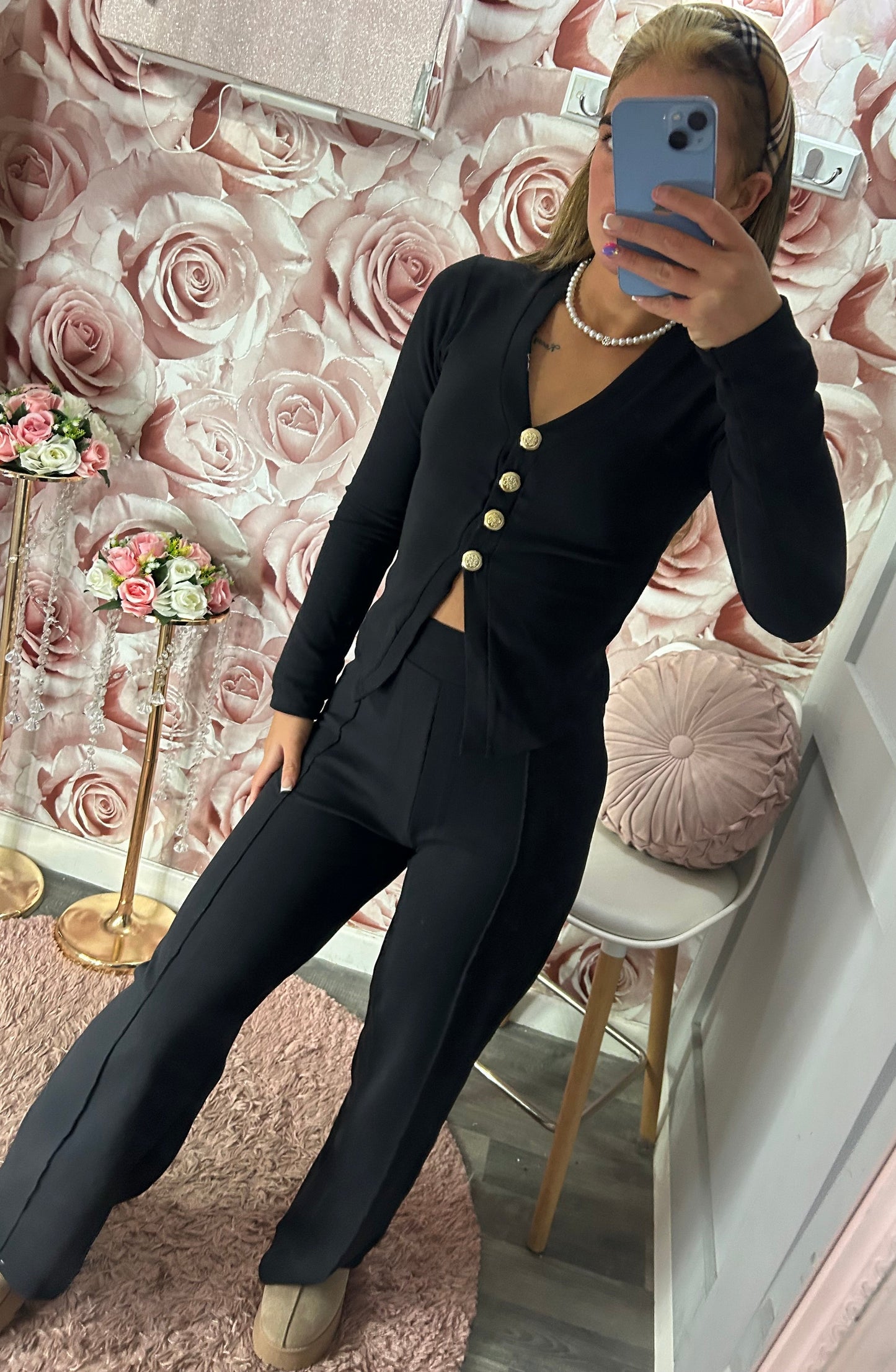 Gold Button Long Sleeved Top & Pipeline Trousers Set