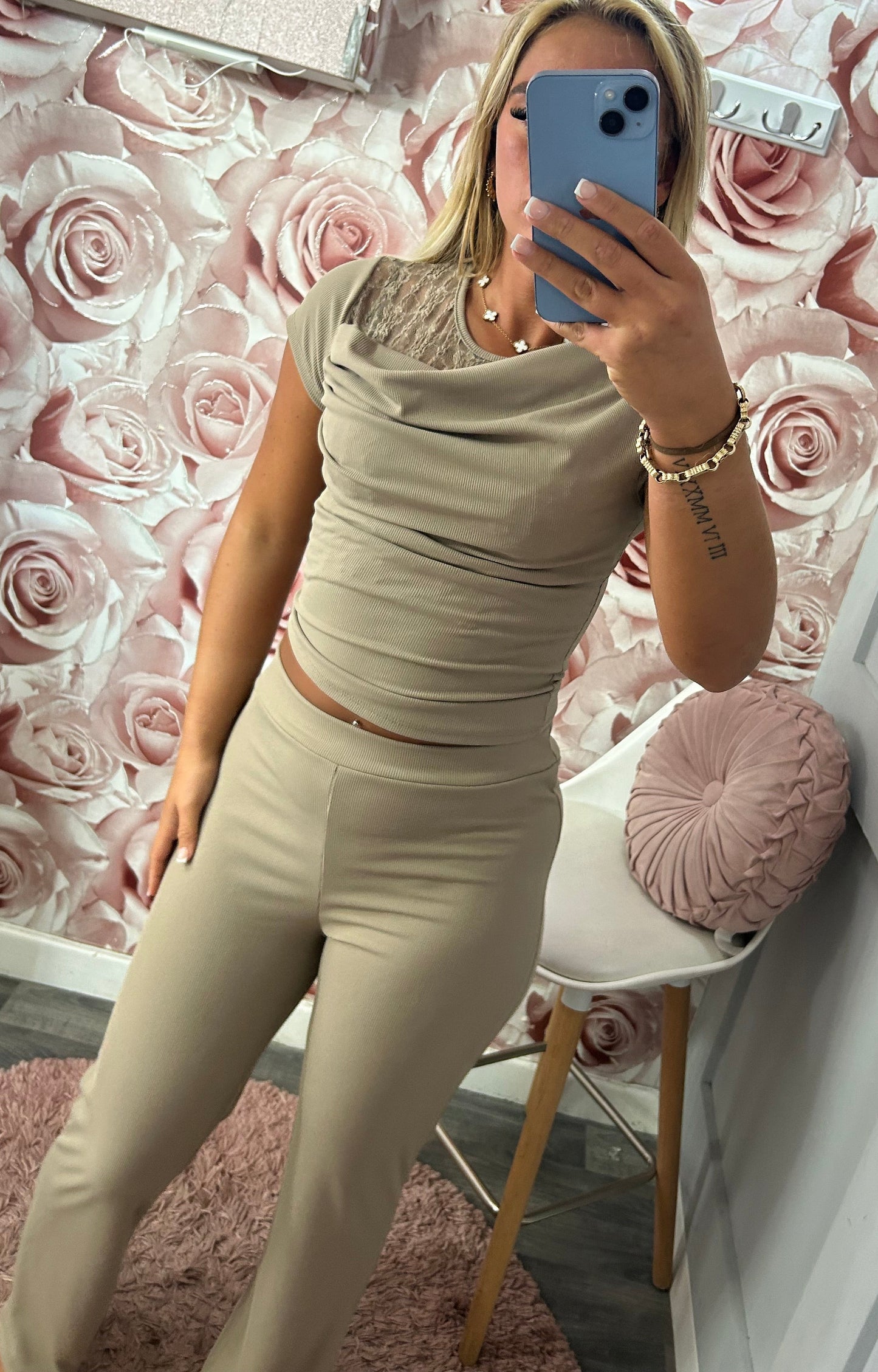 Lace Ruched Flared Co-Ord Set