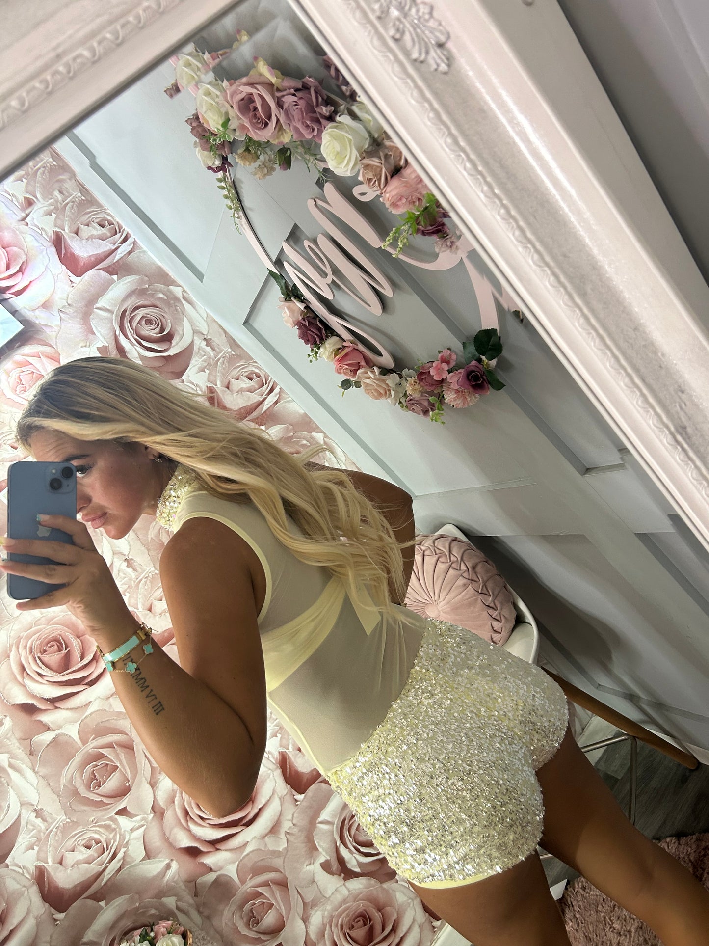 3 Piece Sequin Hotpants, Bandeu Padded Top & Sequin/Mesh Bodysuit Co-Ord Set