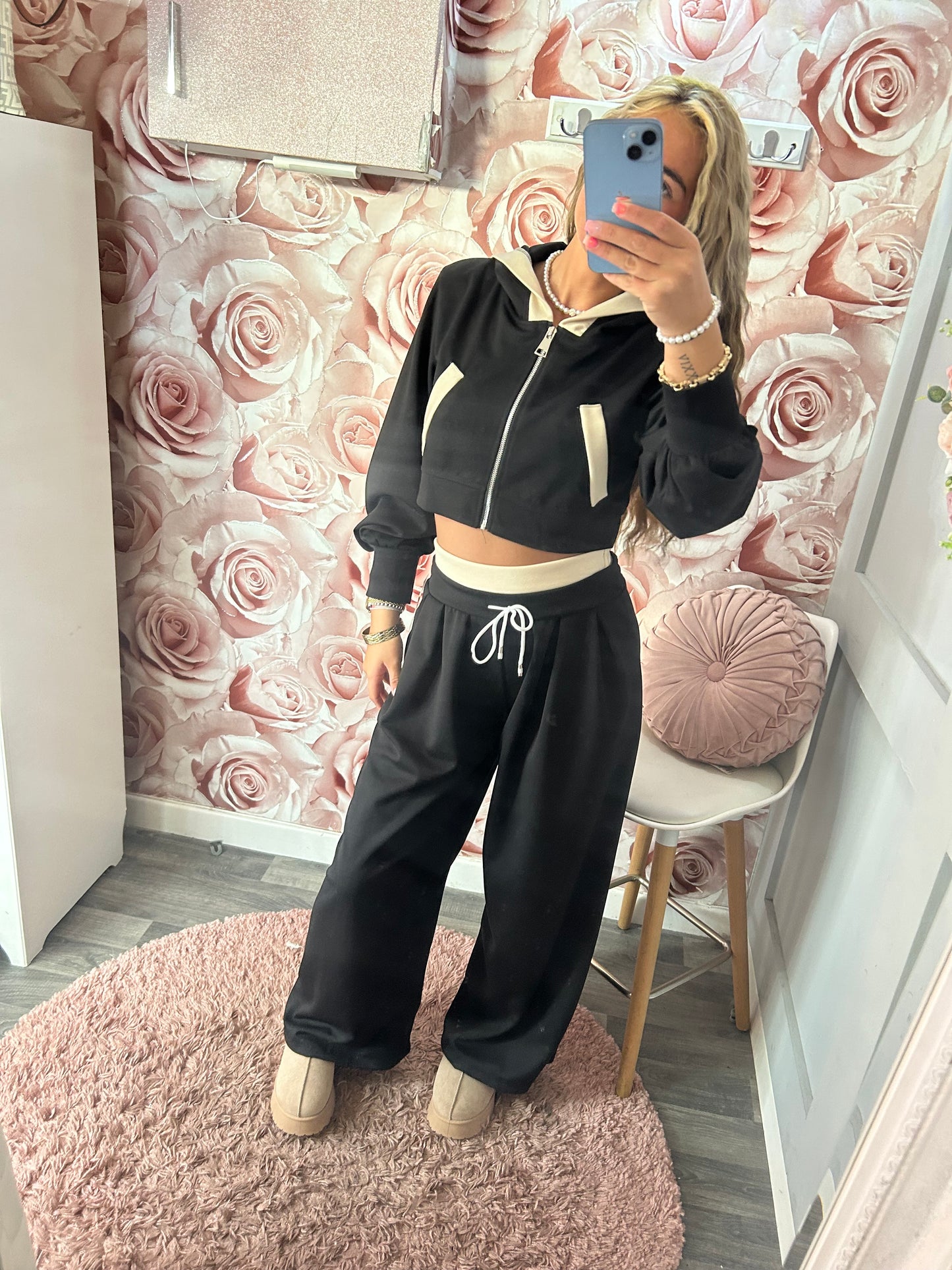 Soft Touch Contrast Cropped Hoodie & Wide leg Joggers Set