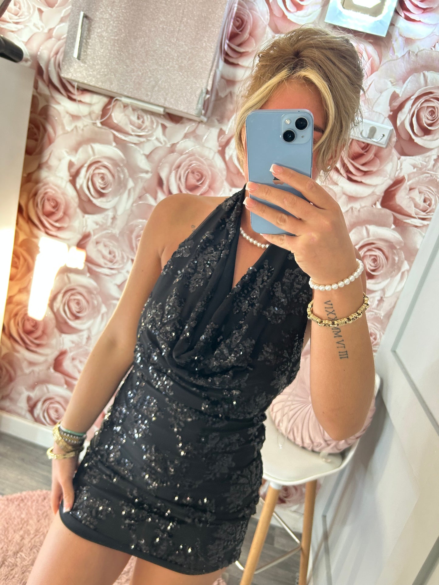 Floral Sequin Cowl Halterneck Dress