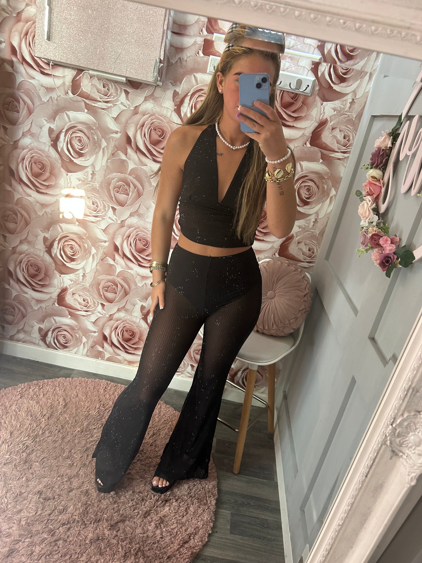 Diamante Encrusted Mesh Halterneck & Flares Co-Ord