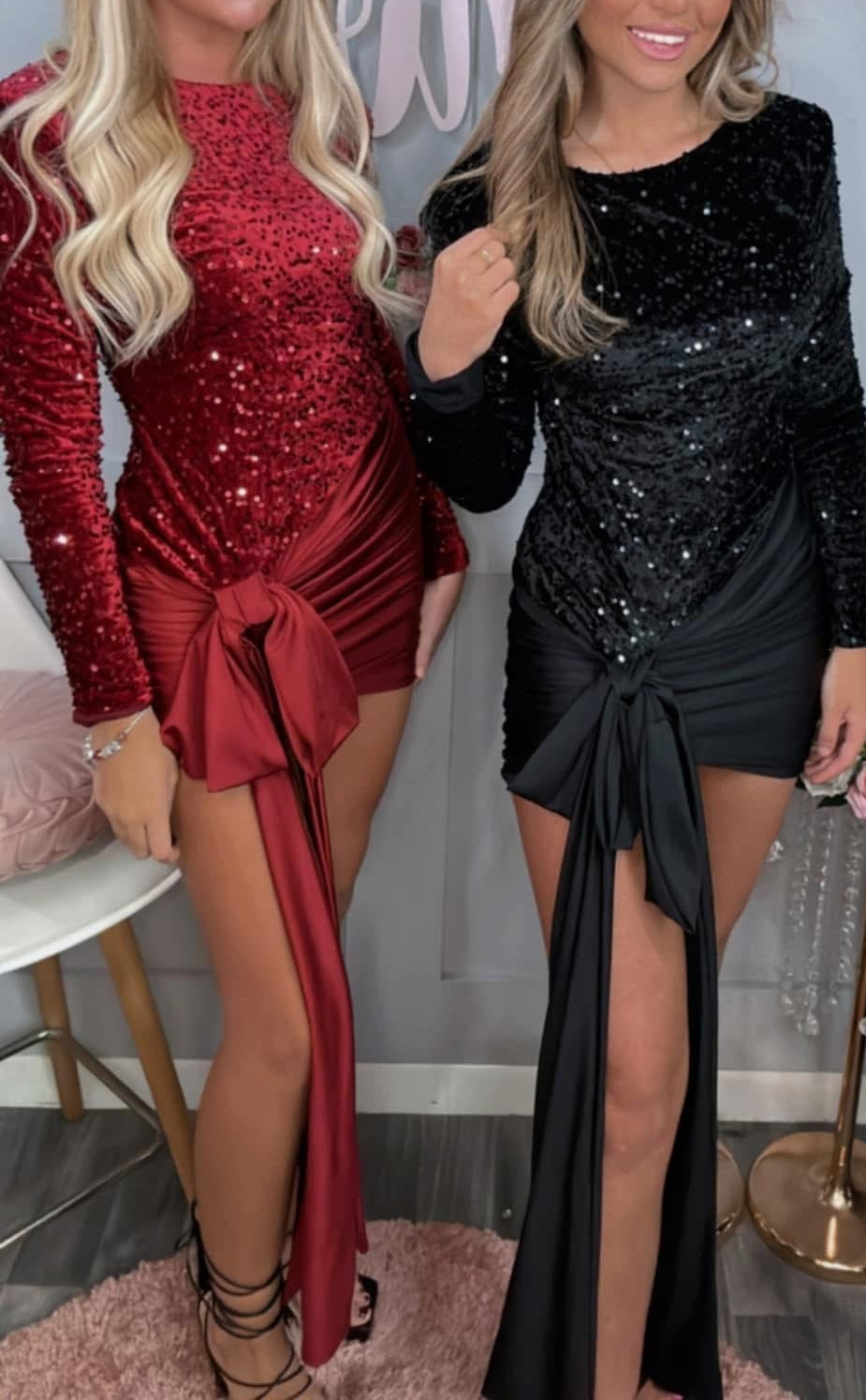 Luxe Quality Fully Lined Sequin & Satin Drape Tie Bow Mini Dress