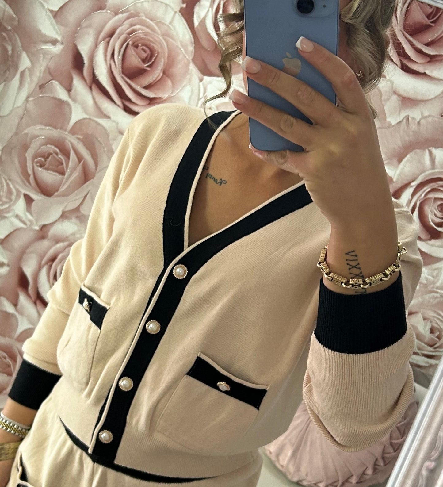 Cashmere Soft Premium Quality Contrast Pocket & Pearl Button Cardigan and Trouser Fine Knit Co-Ord Set