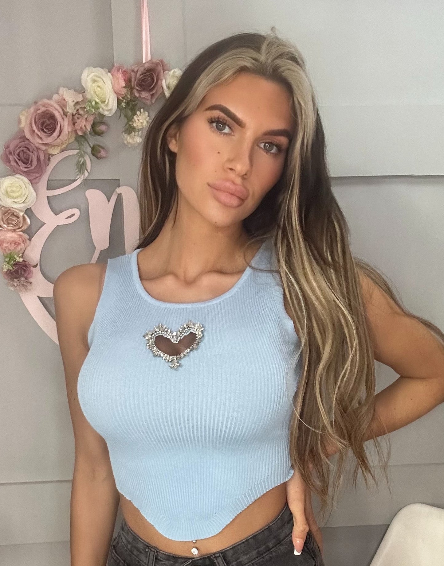 Diamante Sparkle Cut Out Heart Top