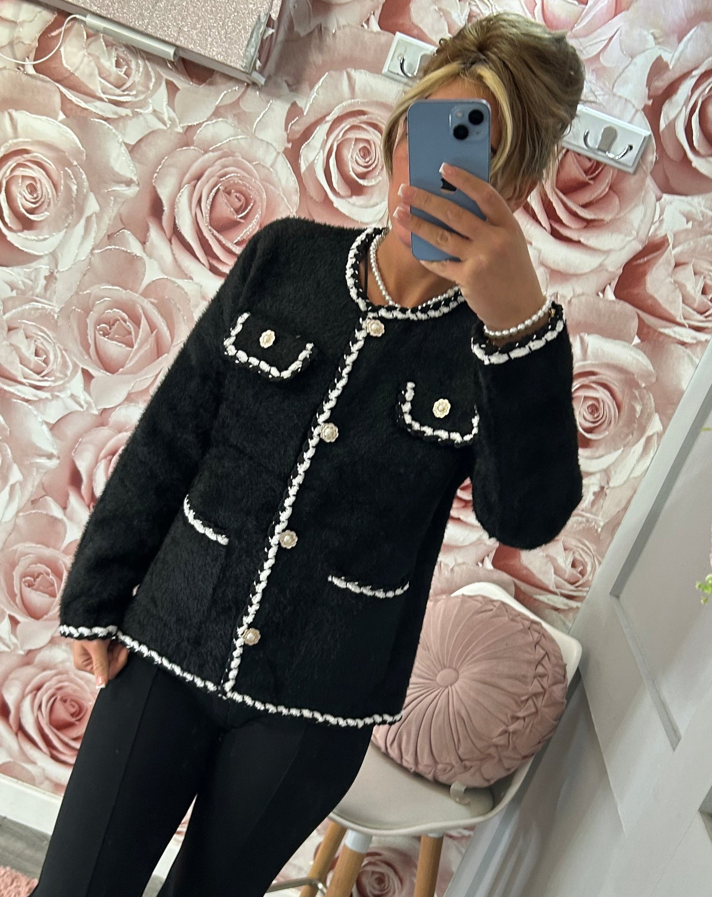 Premium Quality Contrast Trim Pearl Flower Button Cardigan