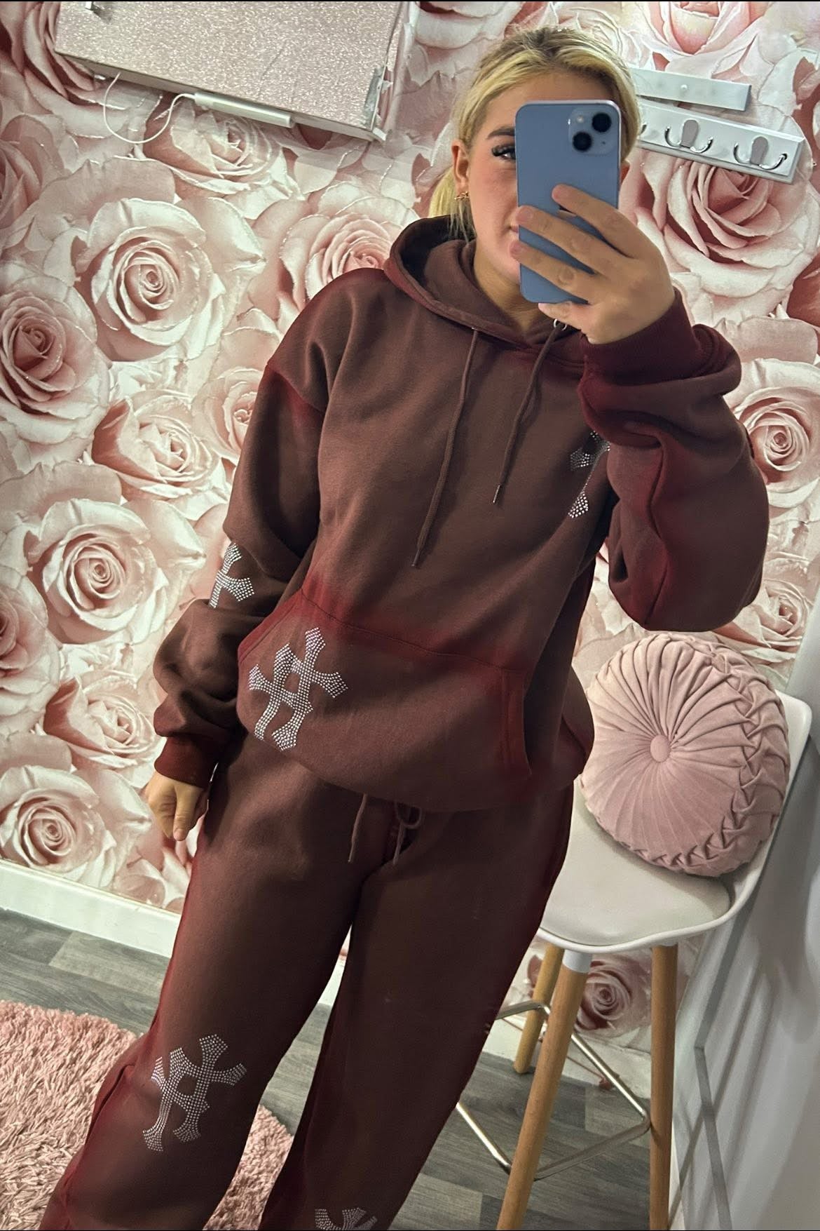Diamante Encrusted Crucifix Over Sized Fleece Lined Hoodie Tracksuit
