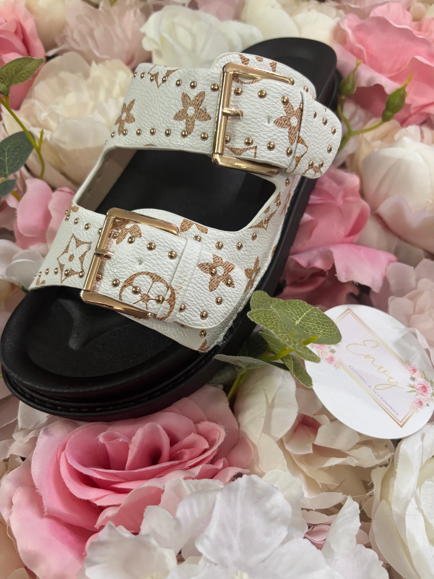 Patterned Gold Buckle Comfort Sole Sandals