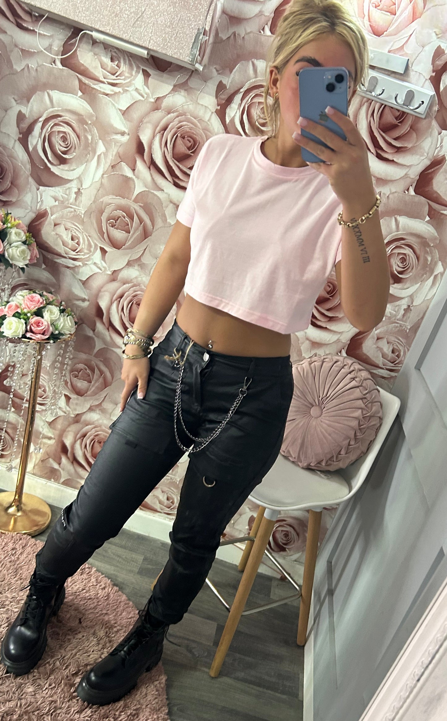 Faux Leather Cargo Pants with Removable Chain