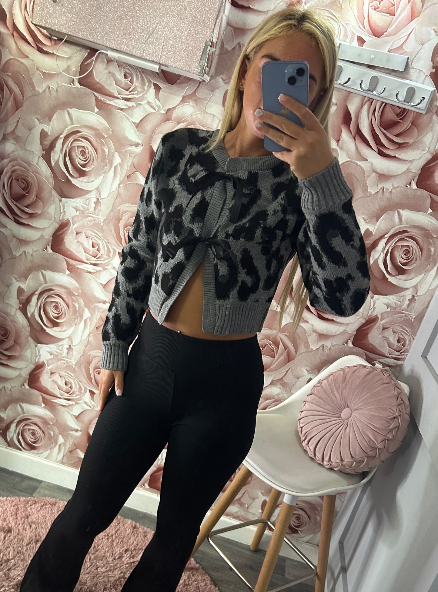 Leopard Print Tie Bow Thick Quality Cardigan