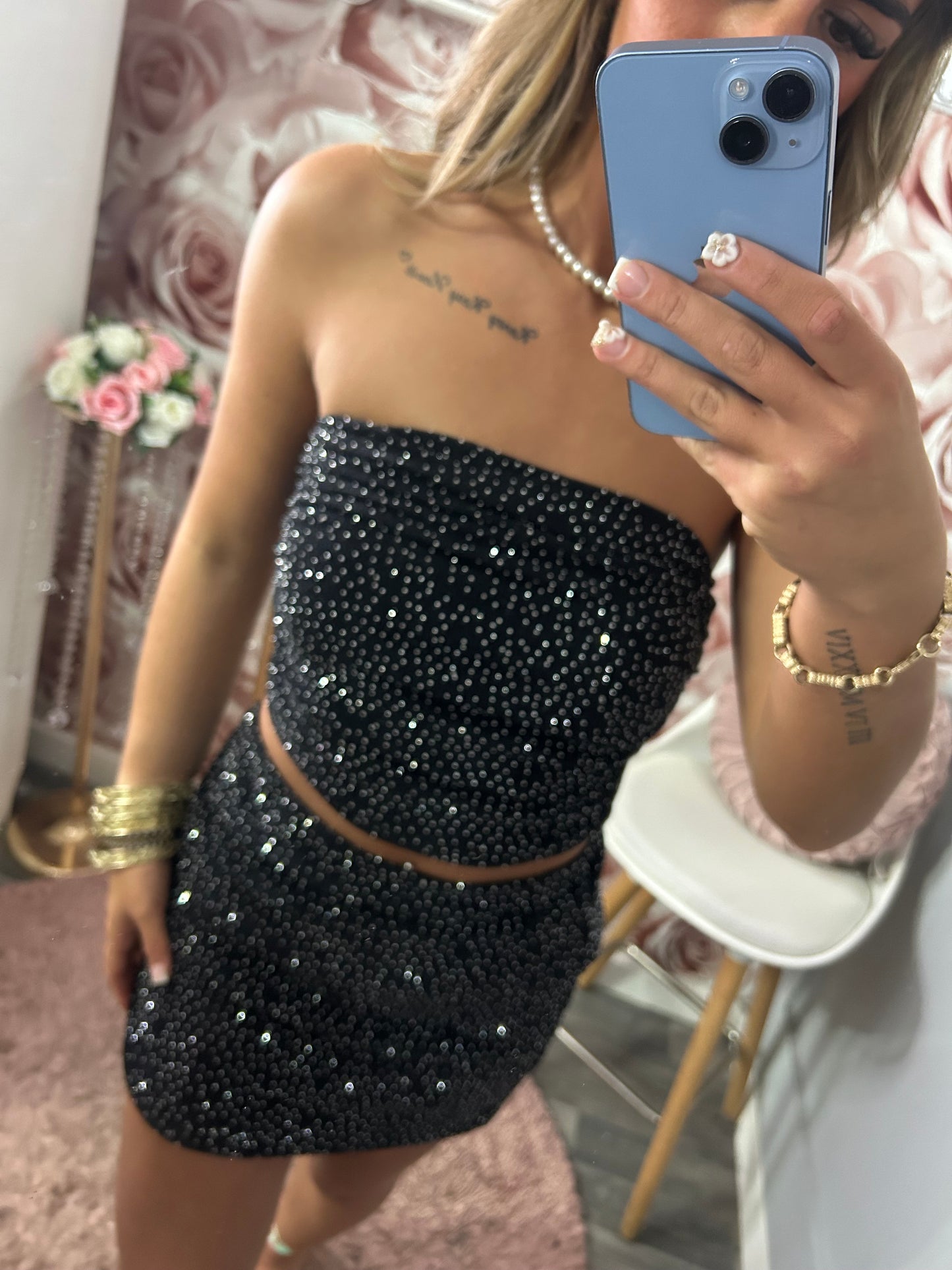 Black Diamante Encrusted Ruched Bardot and Mini Skirt Co-Ord Set