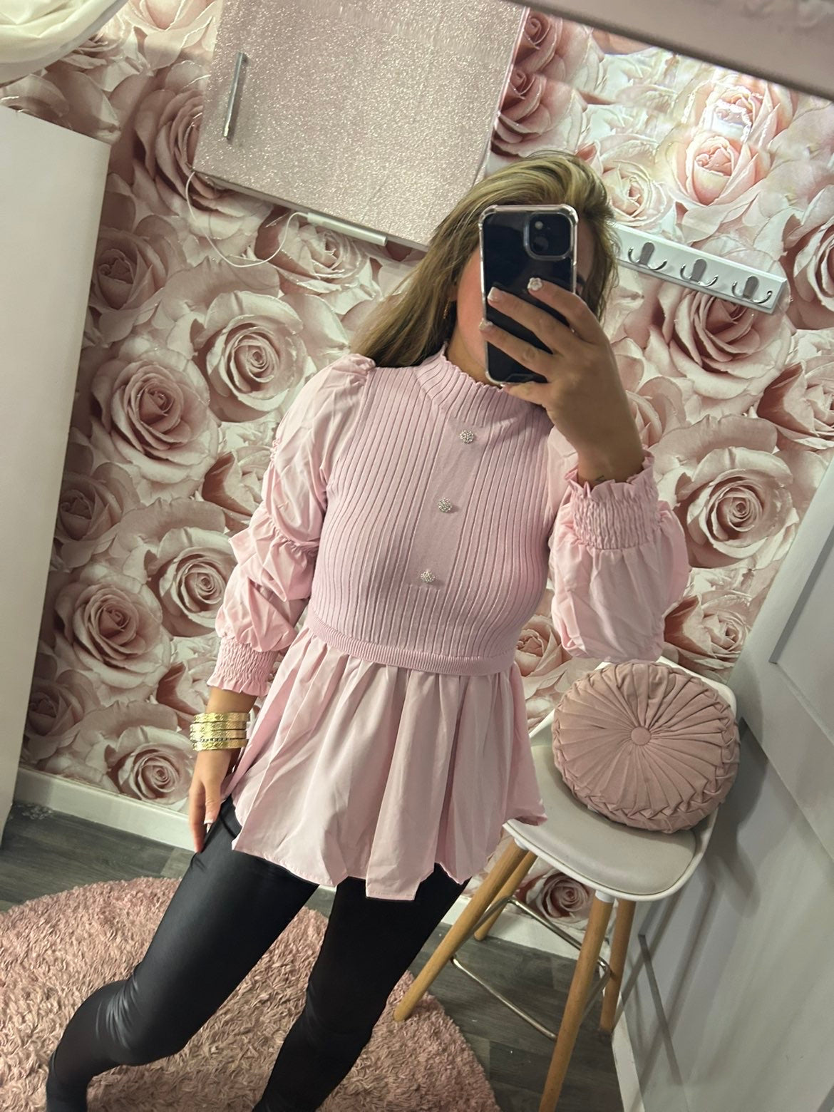 Diamanté Button Cashmere Soft Ruched Arm Peplum Shirt Jumper