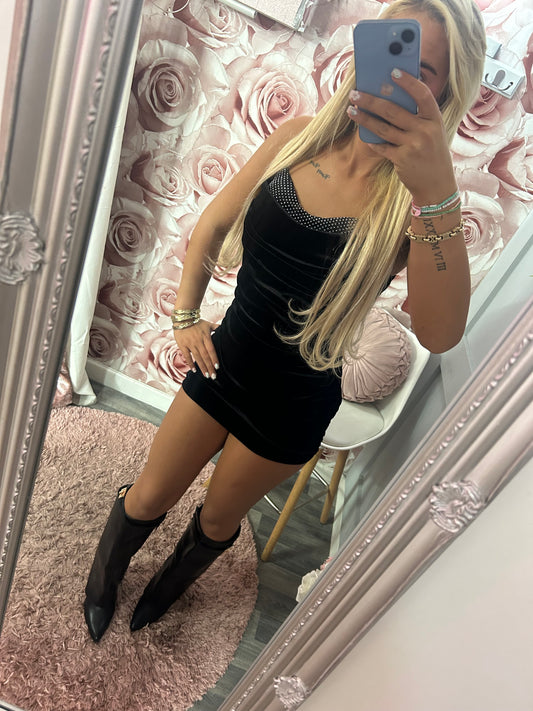 SALE- Diamante Sparkle Ruched Velour Padded Cup Mini Dress