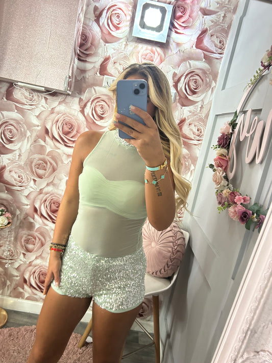 3 Piece Sequin Hotpants, Bandeu Padded Top & Sequin/Mesh Bodysuit Co-Ord Set