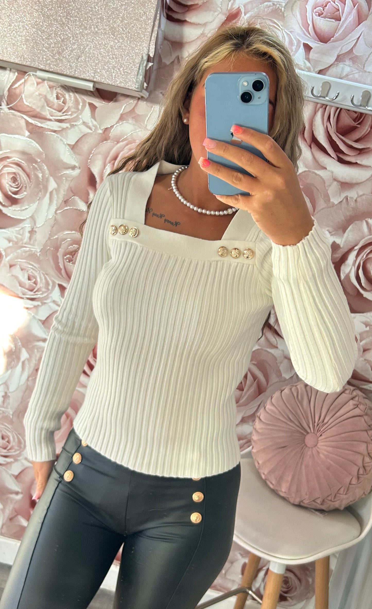 Square Neck Gold Button Ribbed Jumper