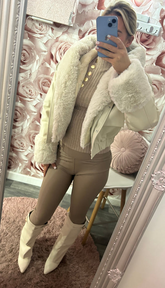 Fur Lined and Fur Trimmed Hooded PU Faux Leather Coat
