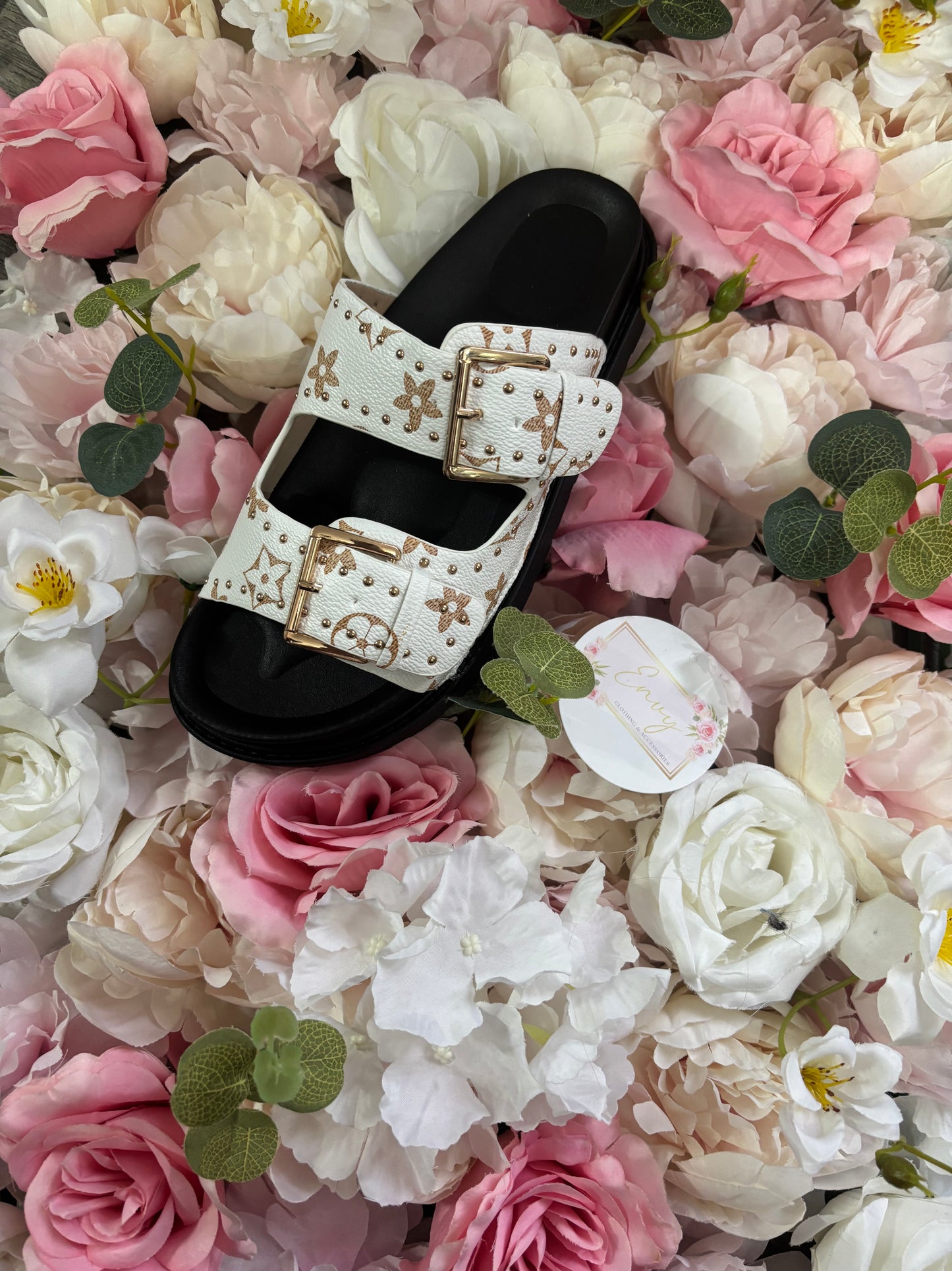 Patterned Gold Buckle Comfort Sole Sandals