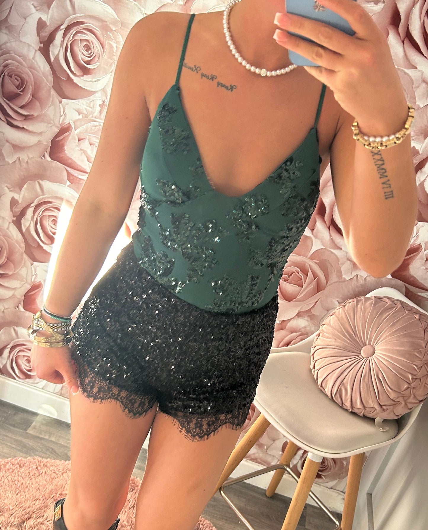 Floral Sequin Detail Adjustable Cami Strap Bodysuit