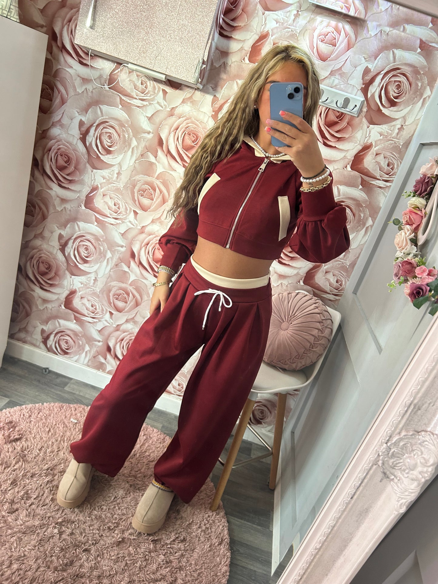 Soft Touch Contrast Cropped Hoodie & Wide leg Joggers Set