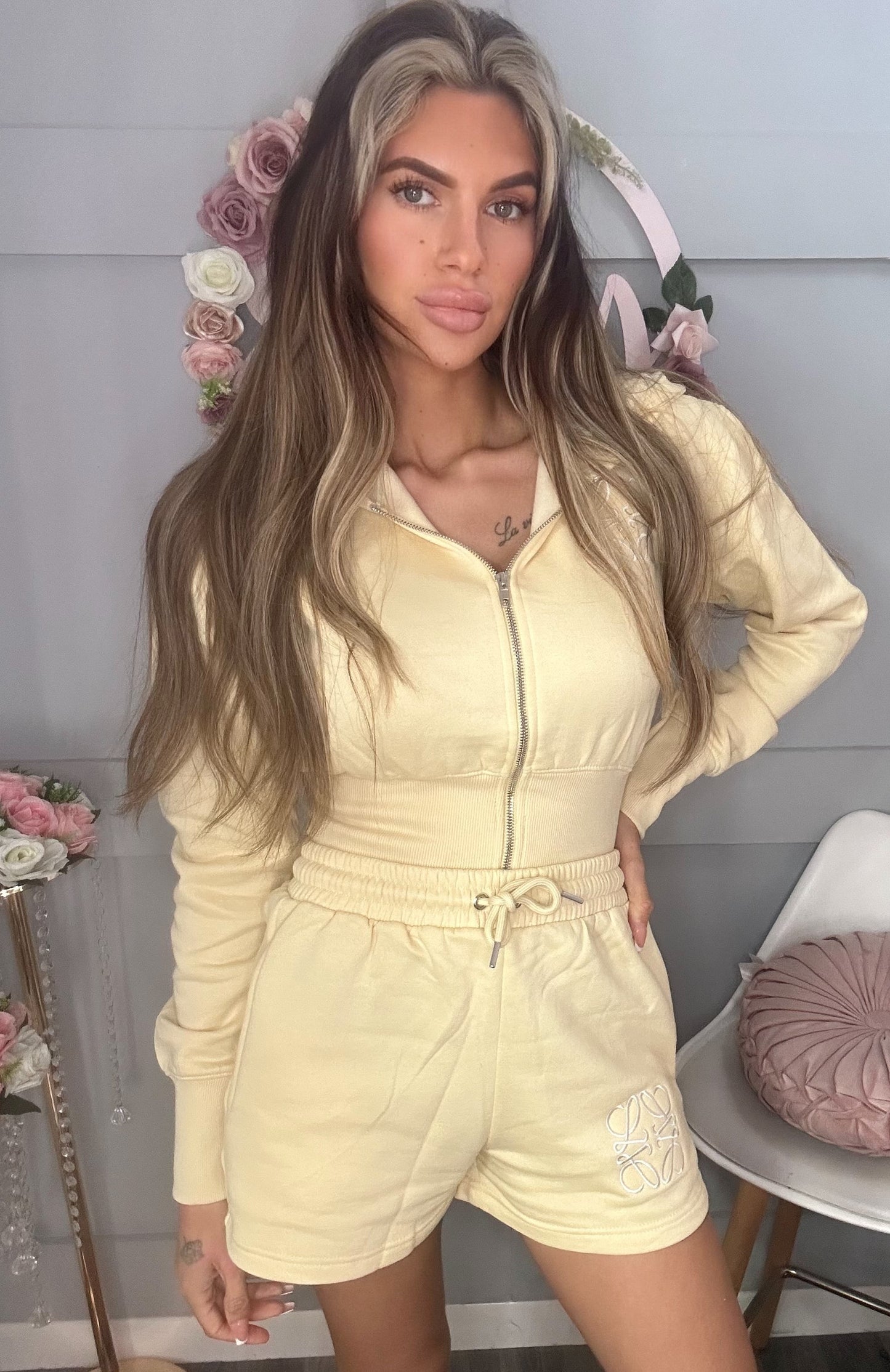 Embroidered Swirl Detail Zip Hoodie & Shorts Co-Ord Set