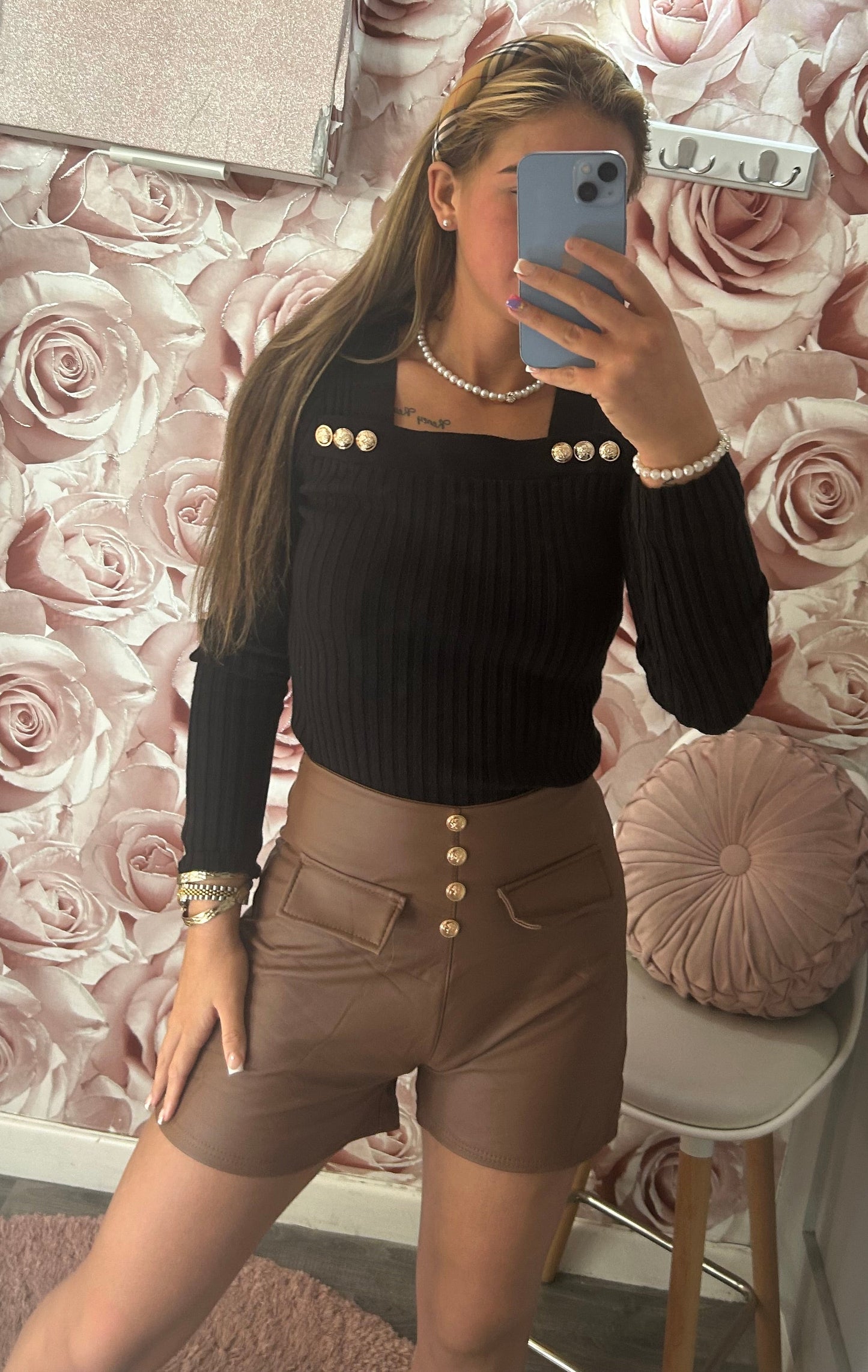 PU Faux Leather Gold Button High Waisted Shorts