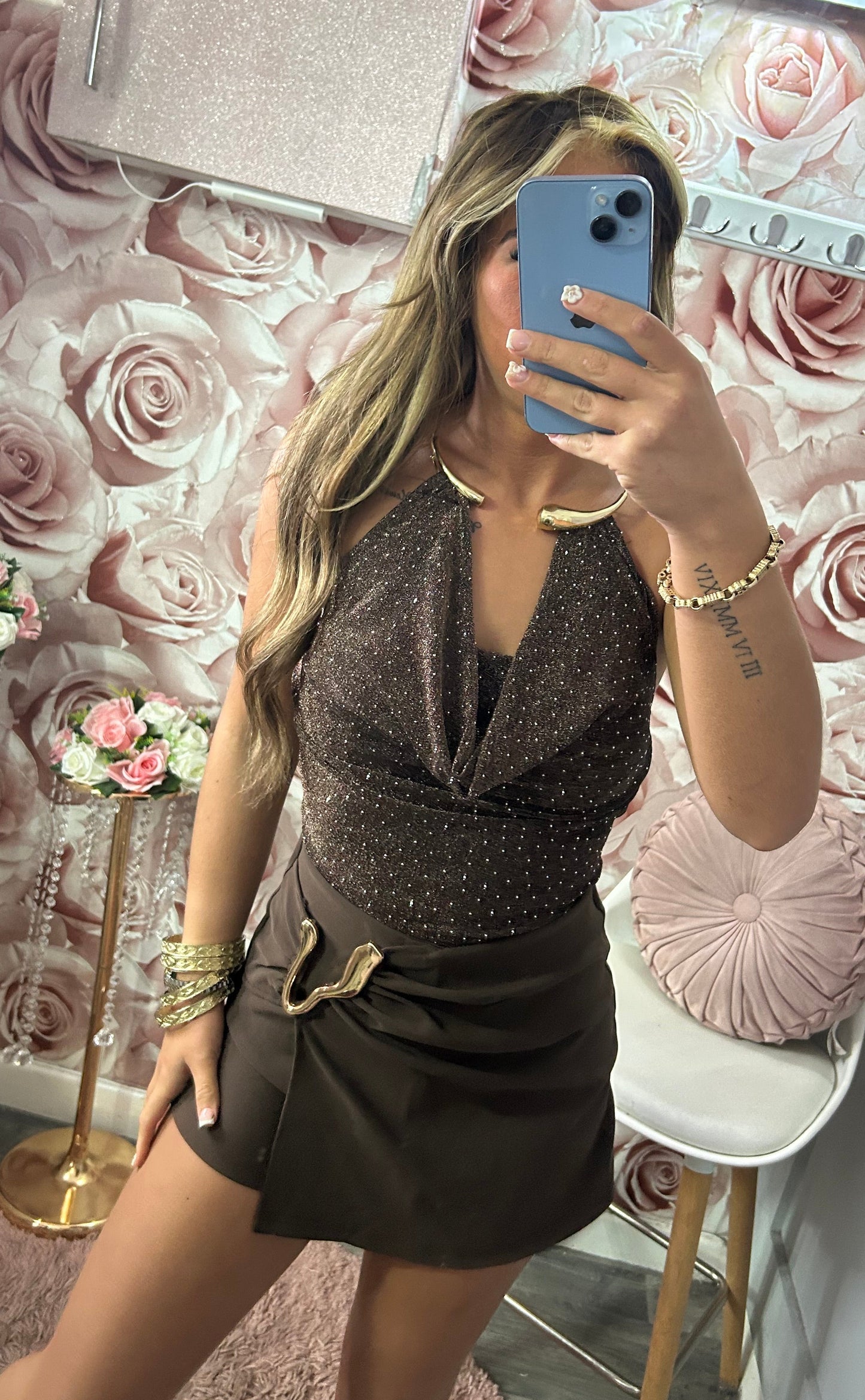 Sparkle Encrusted Gold Ring Cowl Neck Top