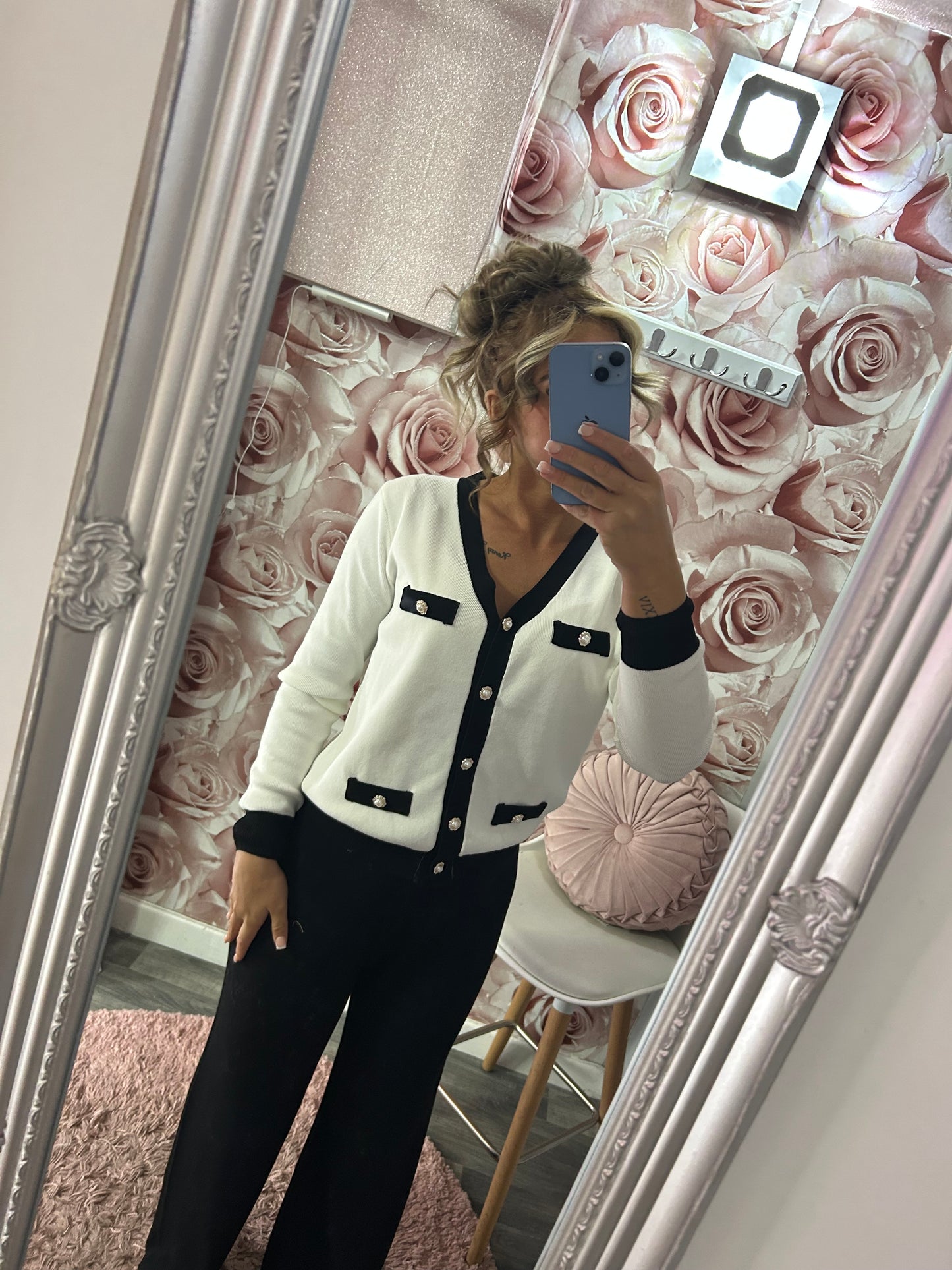 Cashmere Soft Premium Quality Contrast Pearl Button Fine Knit Cardigan & Trousers Set