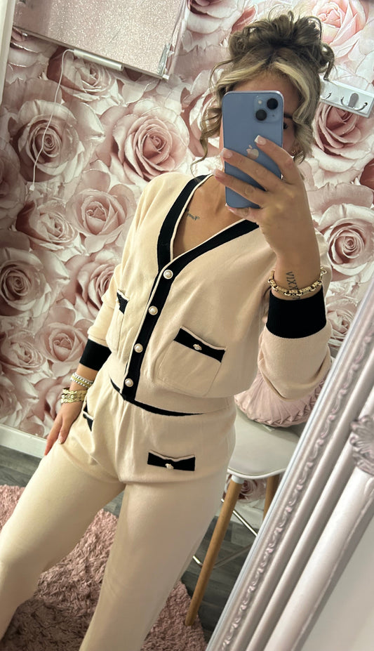 Cashmere Soft Premium Quality Contrast Pocket & Pearl Button Cardigan and Trouser Fine Knit Co-Ord Set