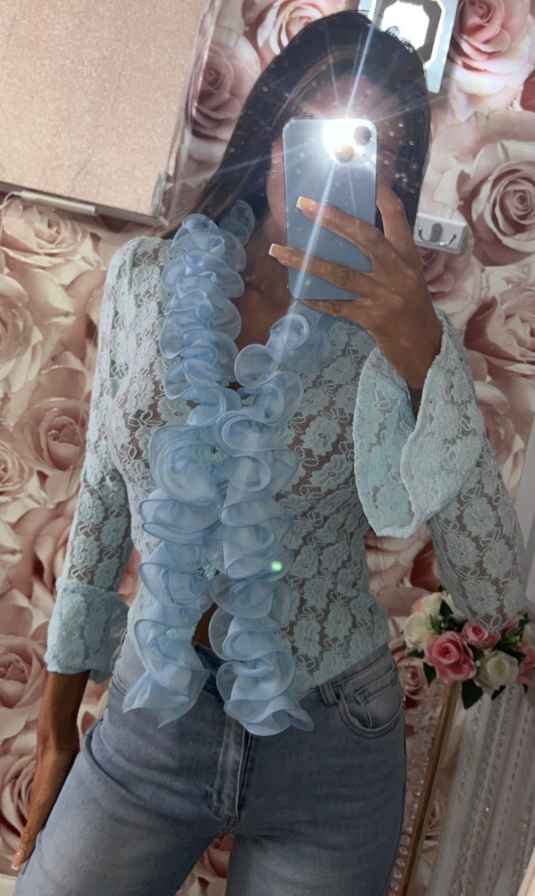 Floral Lace Ruffle Frill Bell Sleeved Blouse Top