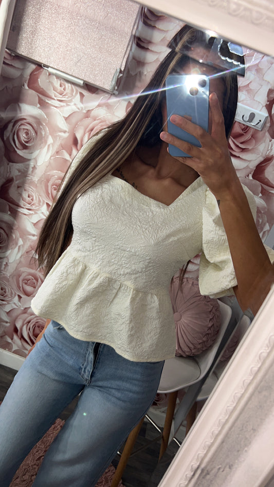 Floral Jacquard High Quality Puff Sleeved Peplum Top