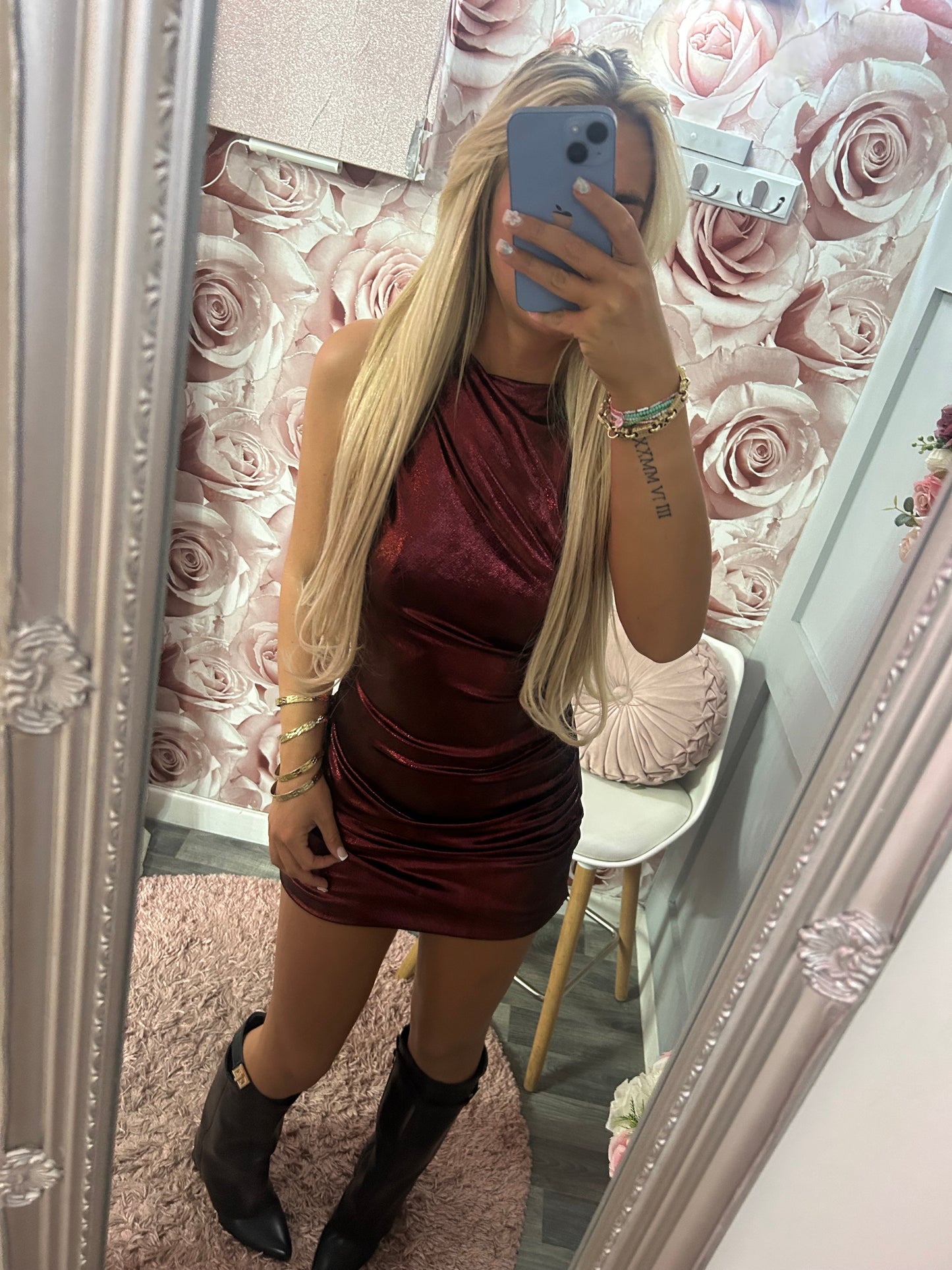 Metallic Ruched Mini Dress