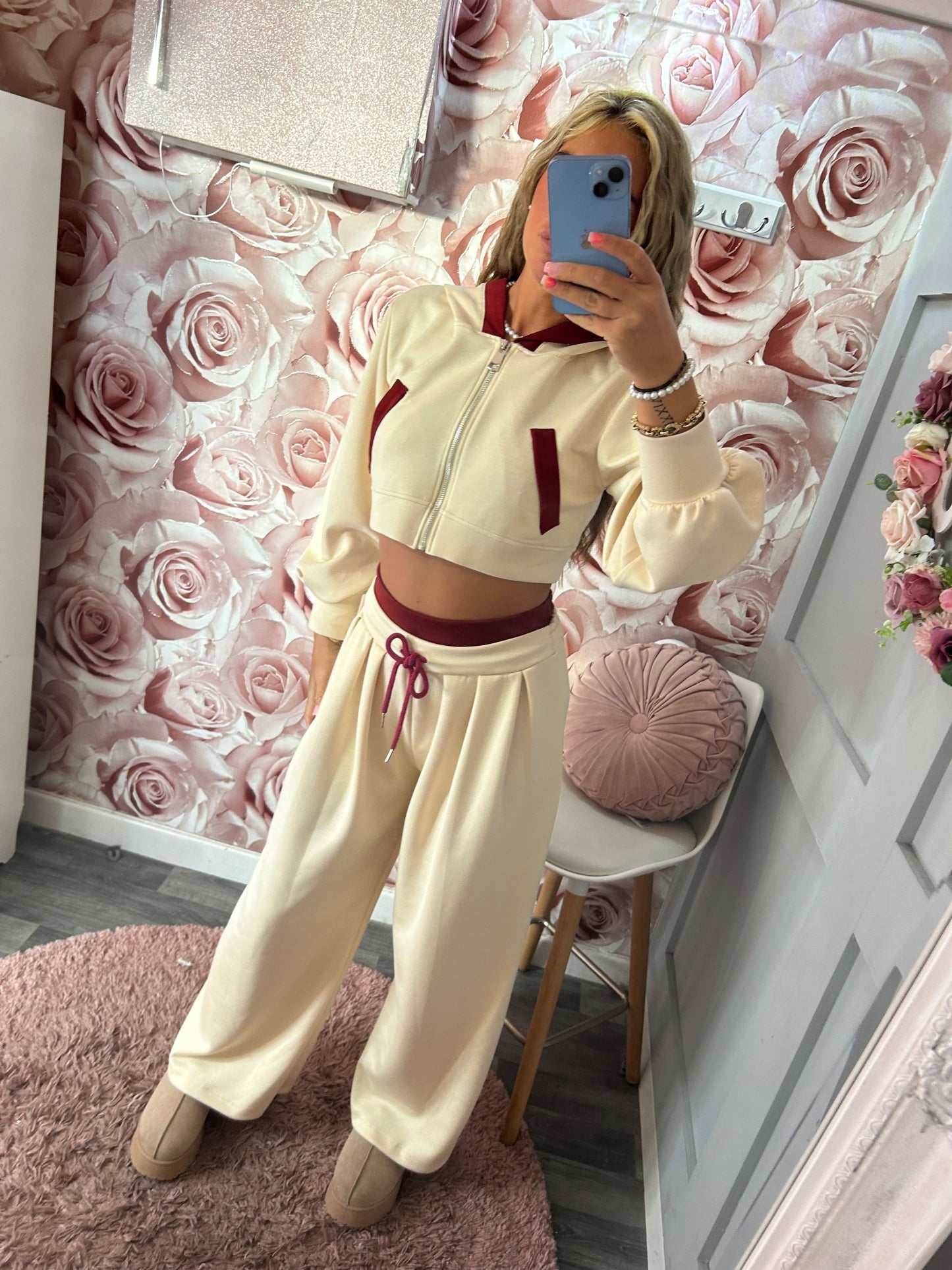 Soft Touch Contrast Cropped Hoodie & Wide leg Joggers Set