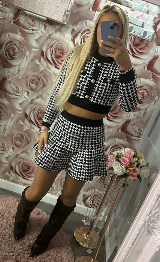 Thick Quality Gold Button Dogtooth Jumper & Skirt Set