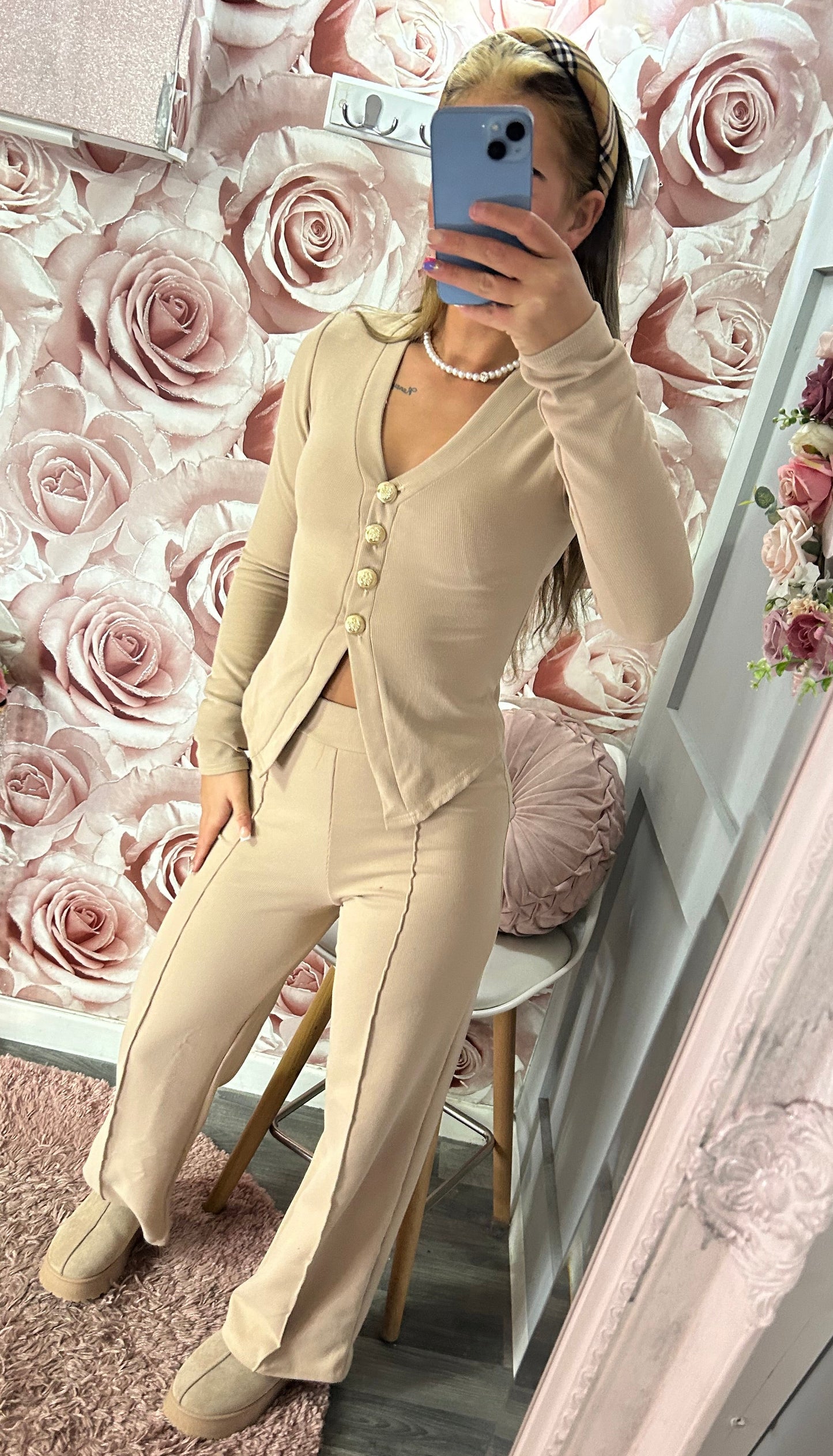 Gold Button Long Sleeved Top & Pipeline Trousers Set