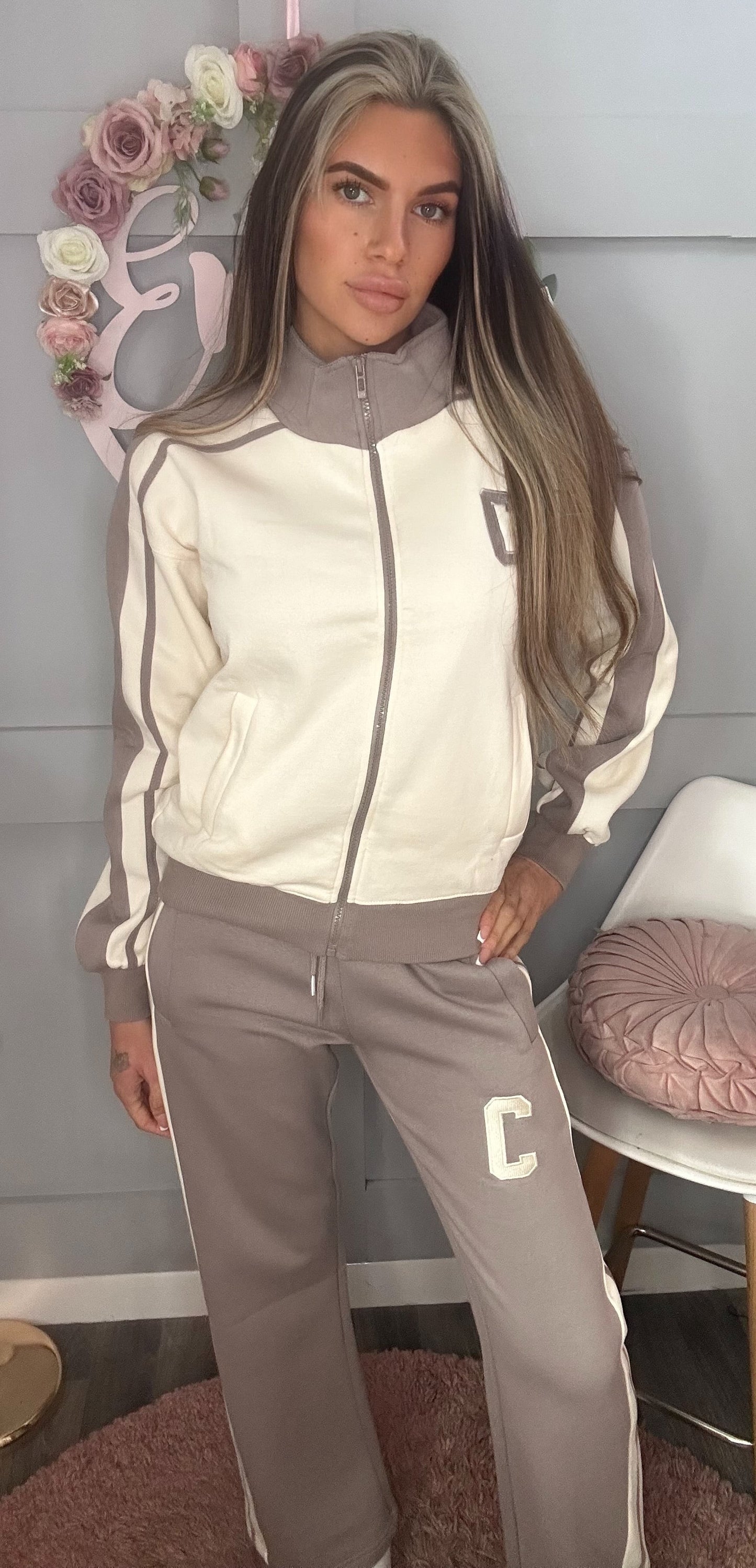 Zip Up Contrast C Jacket & Wideleg Joggers Co-Ord Set