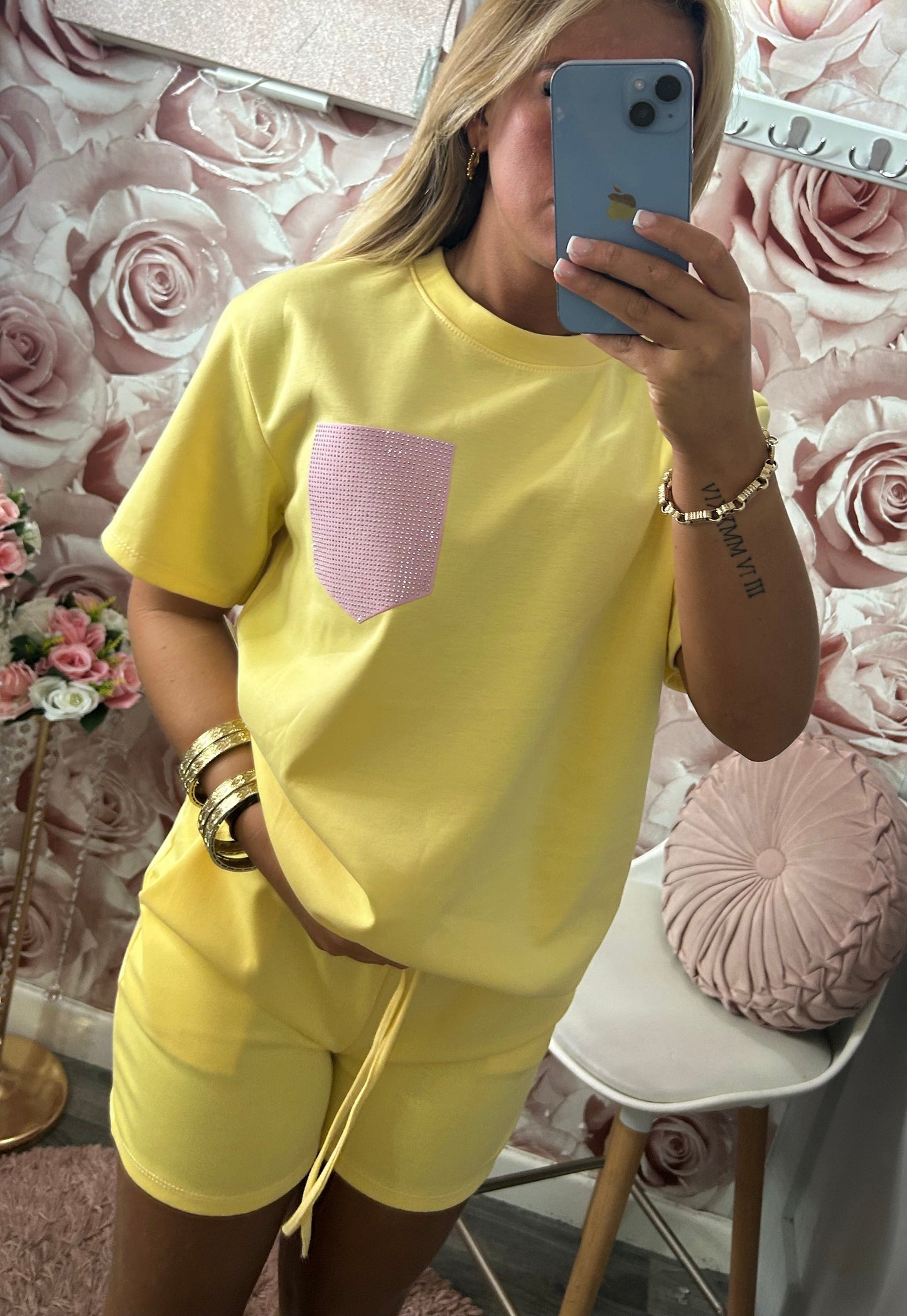 Diamanté Pocket Tshirt & Shorts Co-Ord Set