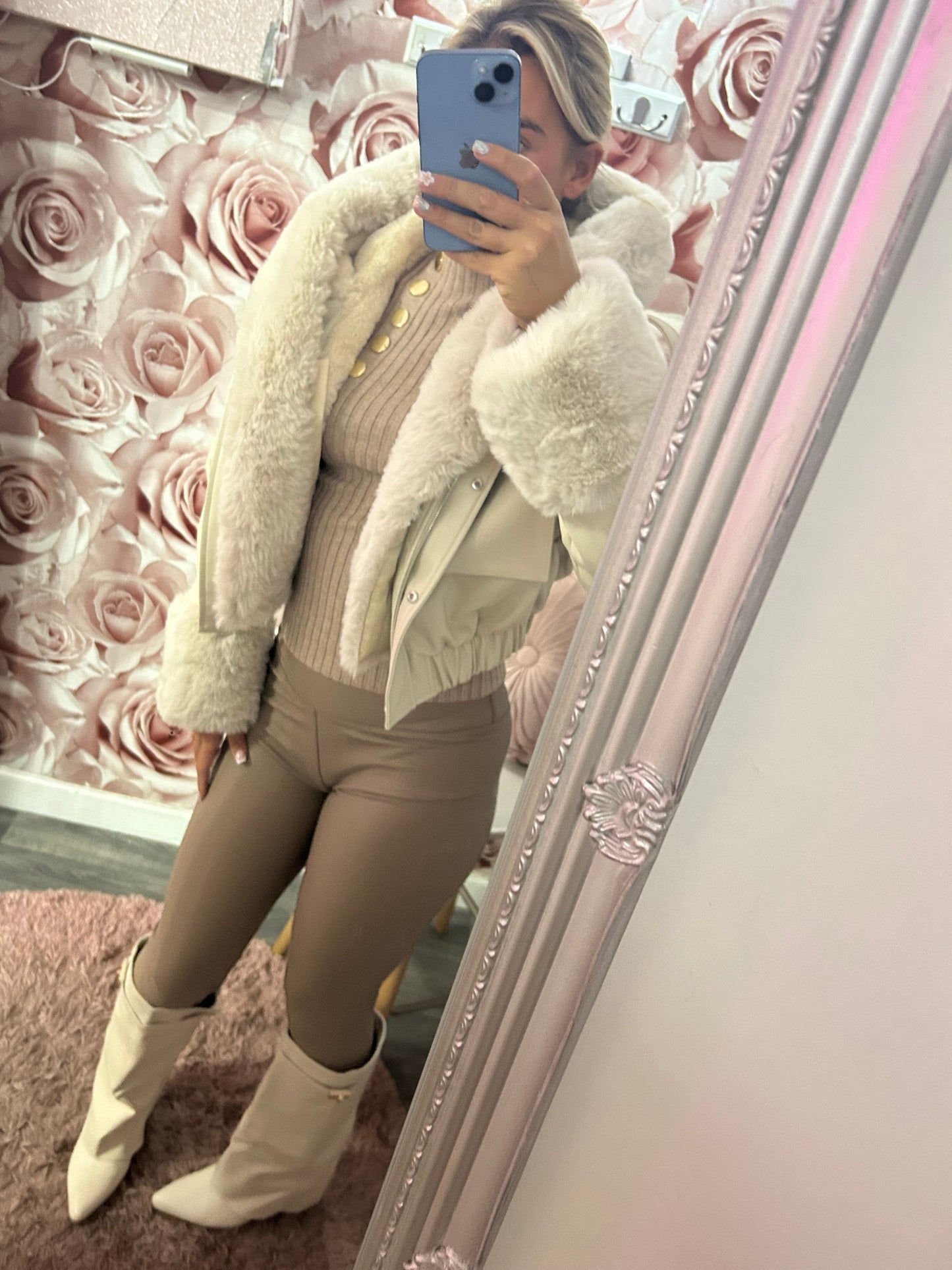 Fur Lined and Fur Trimmed Hooded PU Faux Leather Coat
