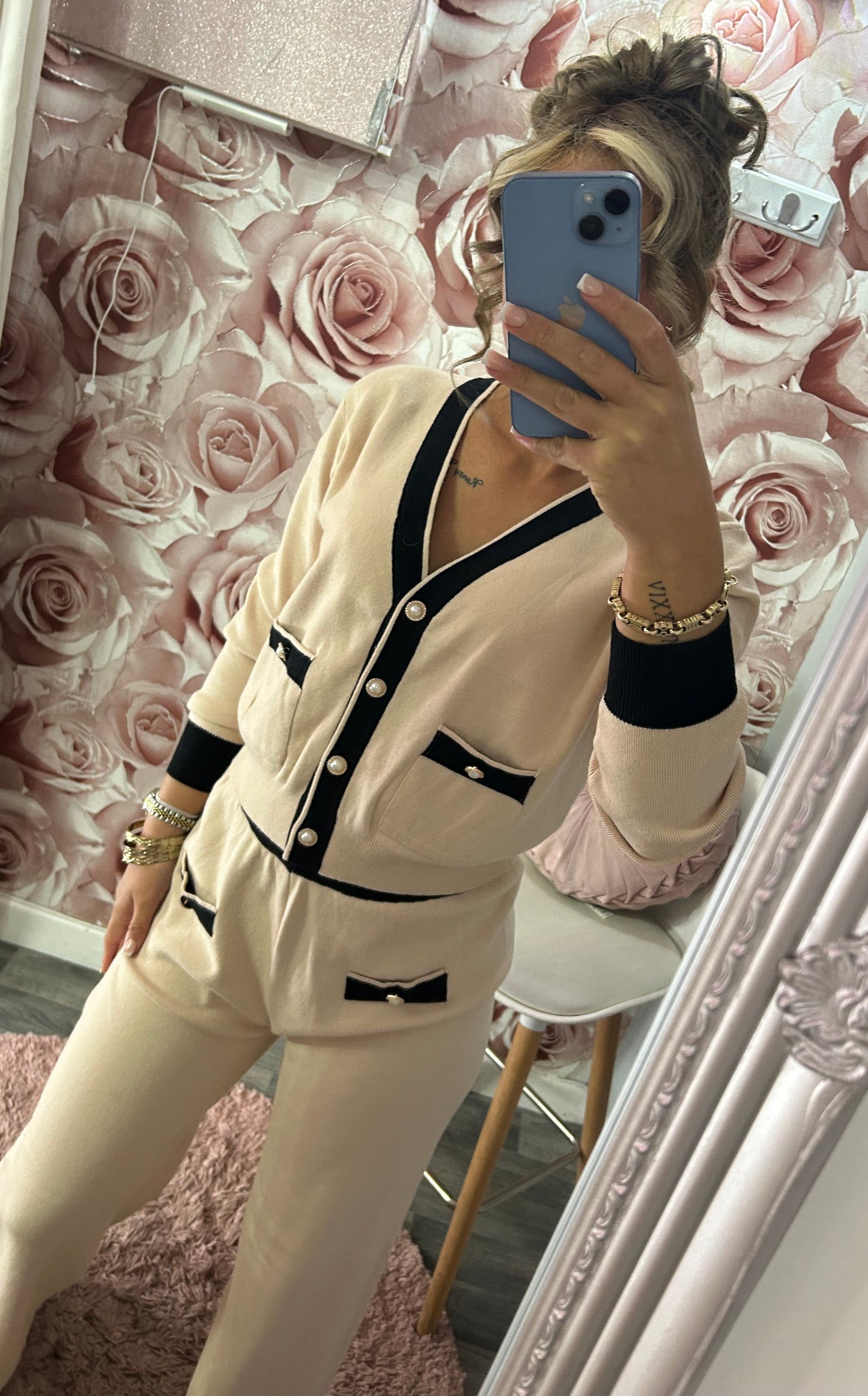 Cashmere Soft Premium Quality Contrast Pocket & Pearl Button Cardigan and Trouser Fine Knit Co-Ord Set