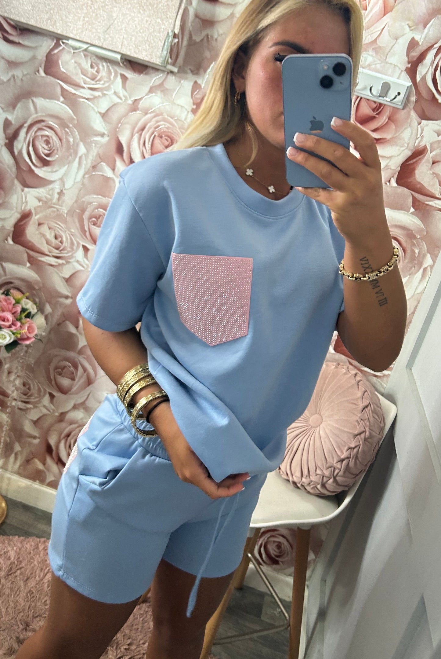 Diamanté Pocket Tshirt & Shorts Co-Ord Set