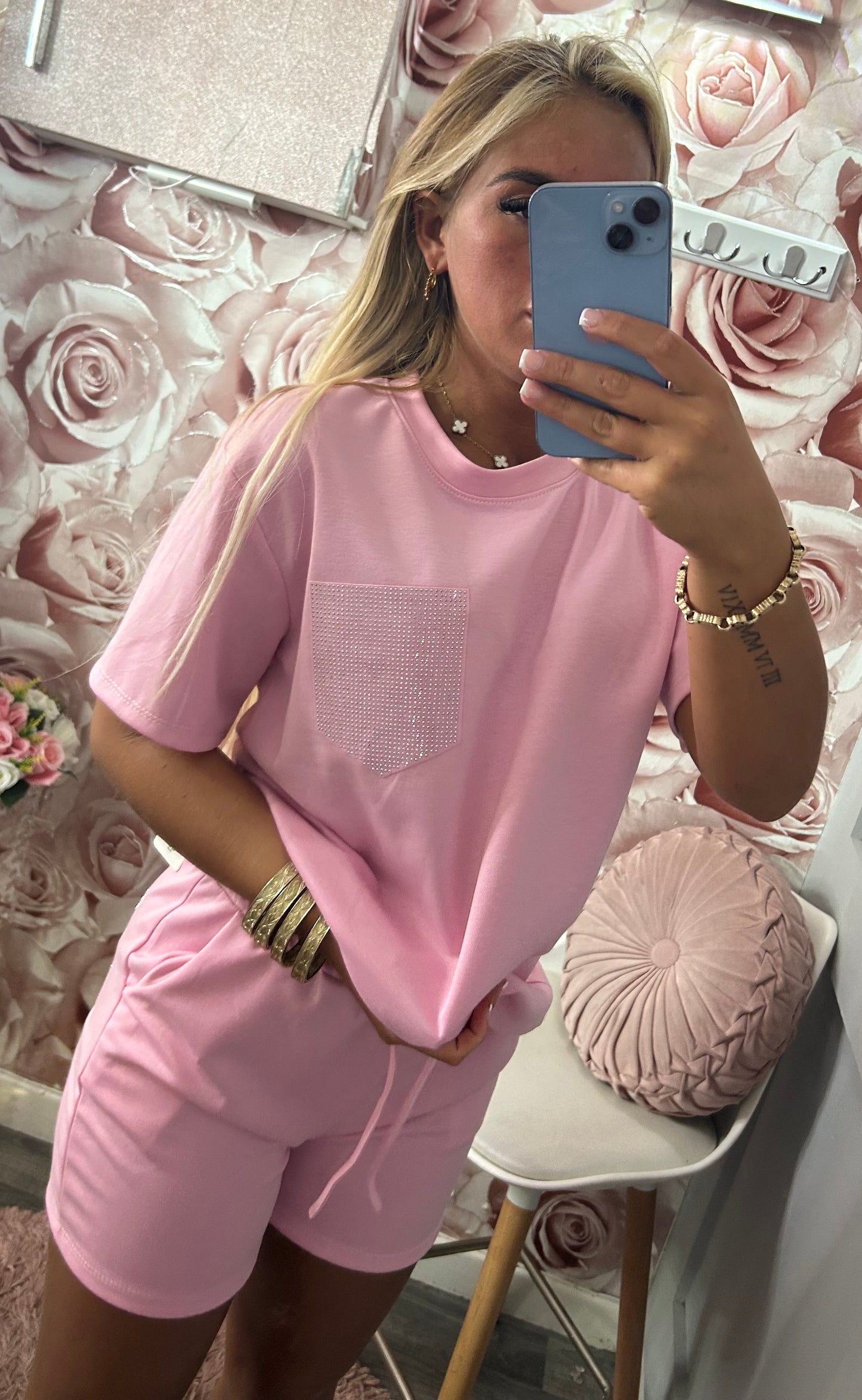 Diamanté Pocket Tshirt & Shorts Co-Ord Set