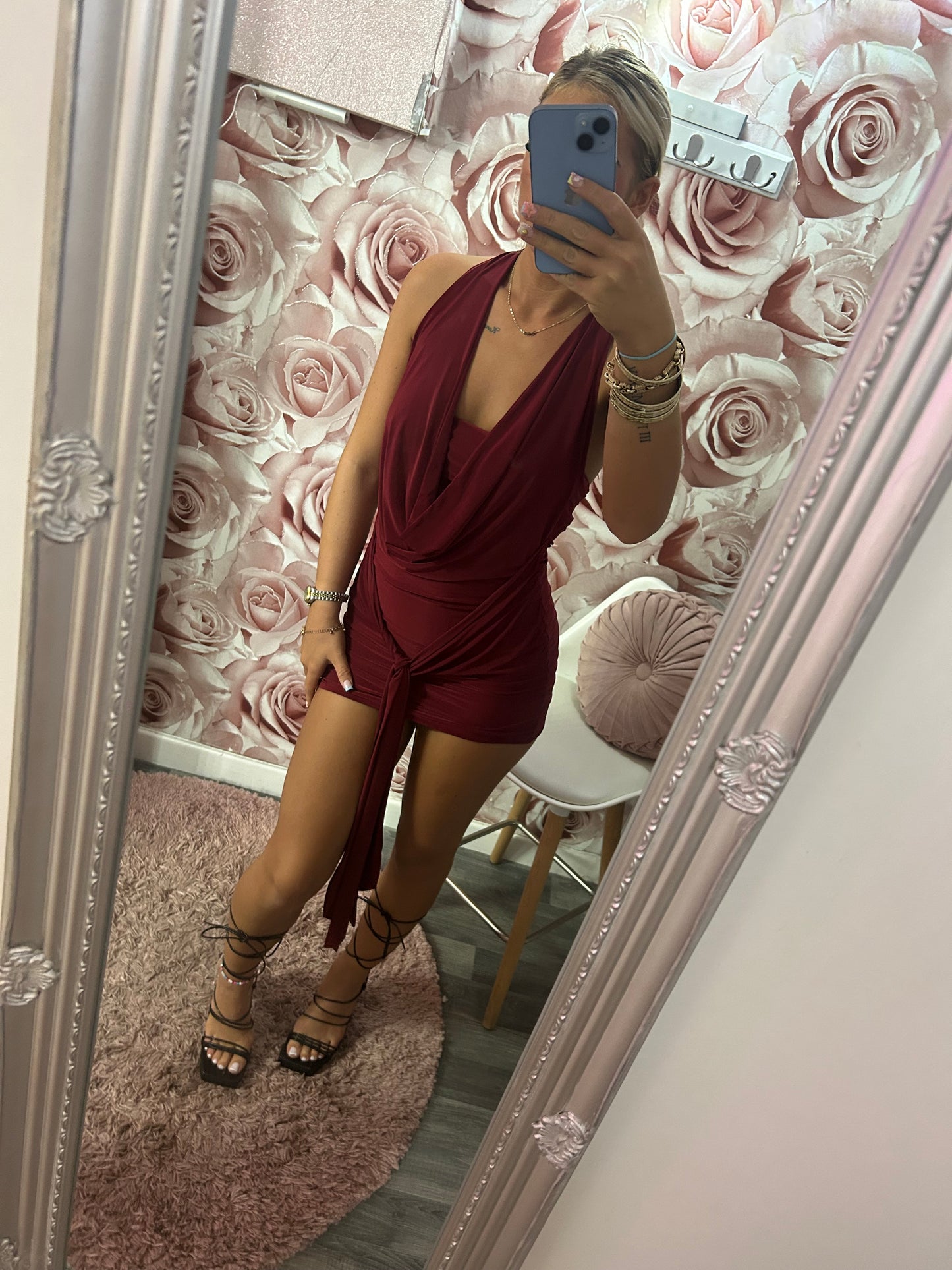 Cowl Neck Drape Slinky Mini Dress