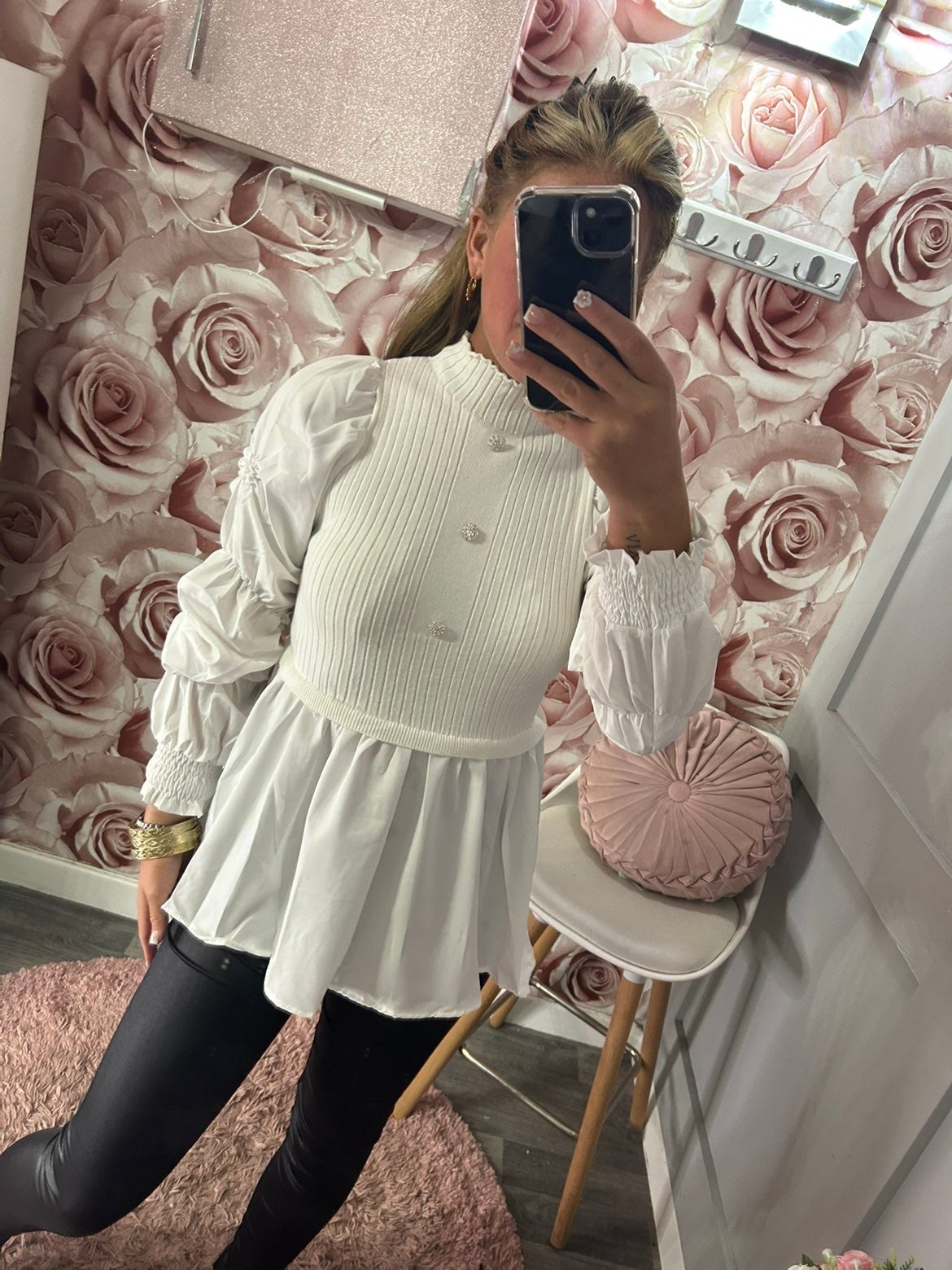 Diamanté Button Cashmere Soft Ruched Arm Peplum Shirt Jumper