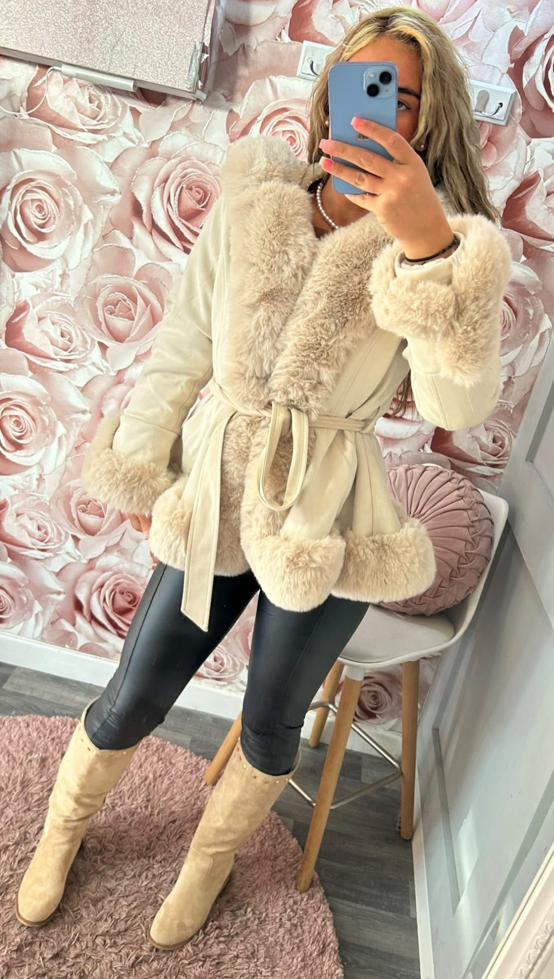 Suede Fur Lined & Fur Trimmed Hooded Princess Coat