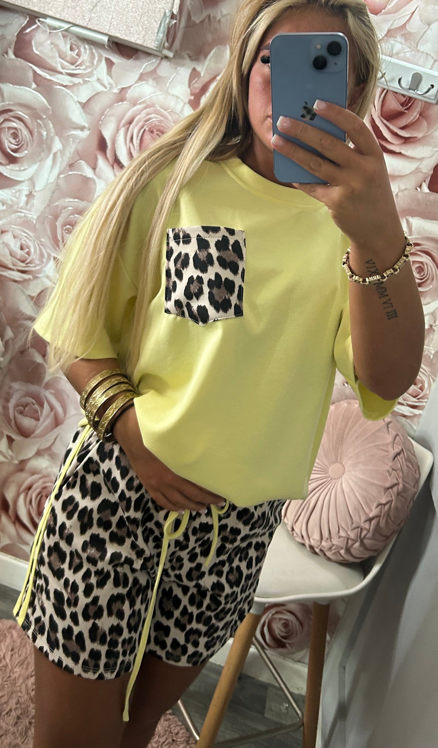 Leopard Print Pocket Contrast Coloured Stripe TShirt & Shorts Co-Ord Set