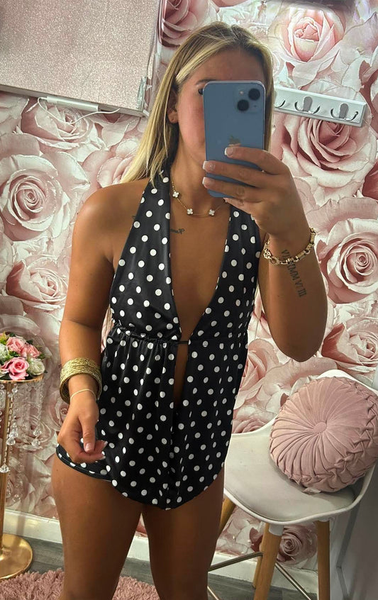Polka Dot Drape Halterneck & Ruched Tie Up Hot Pants Co-Ord