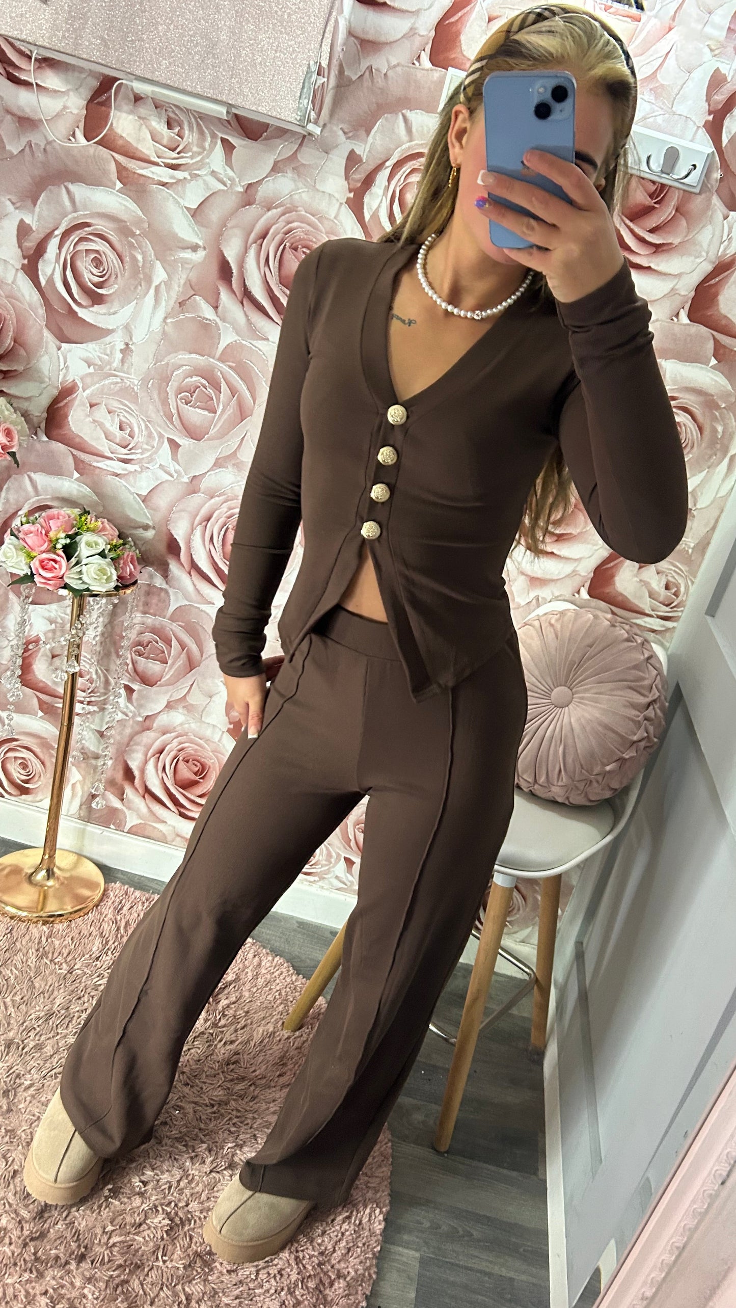 Gold Button Long Sleeved Top & Pipeline Trousers Set