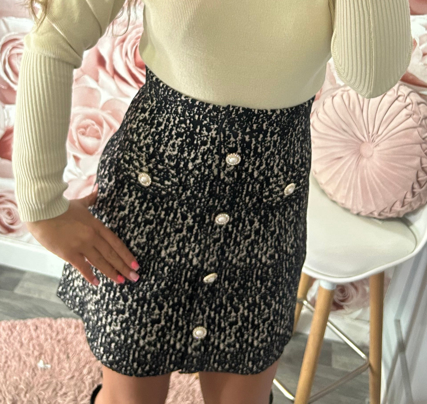 Gold & Pearl Button Aline Thick Quality Knit Skirt