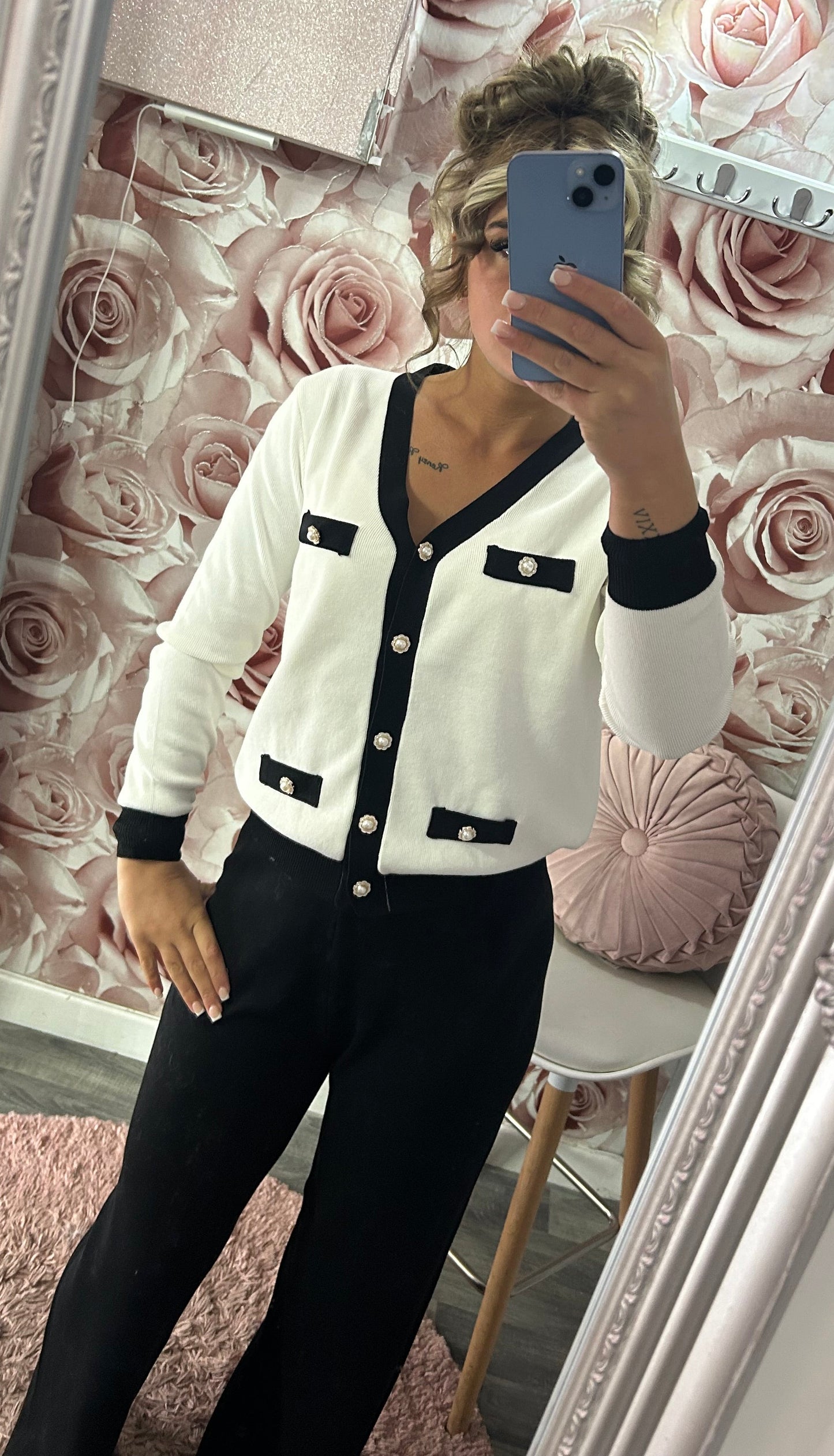 Cashmere Soft Premium Quality Contrast Pearl Button Fine Knit Cardigan & Trousers Set