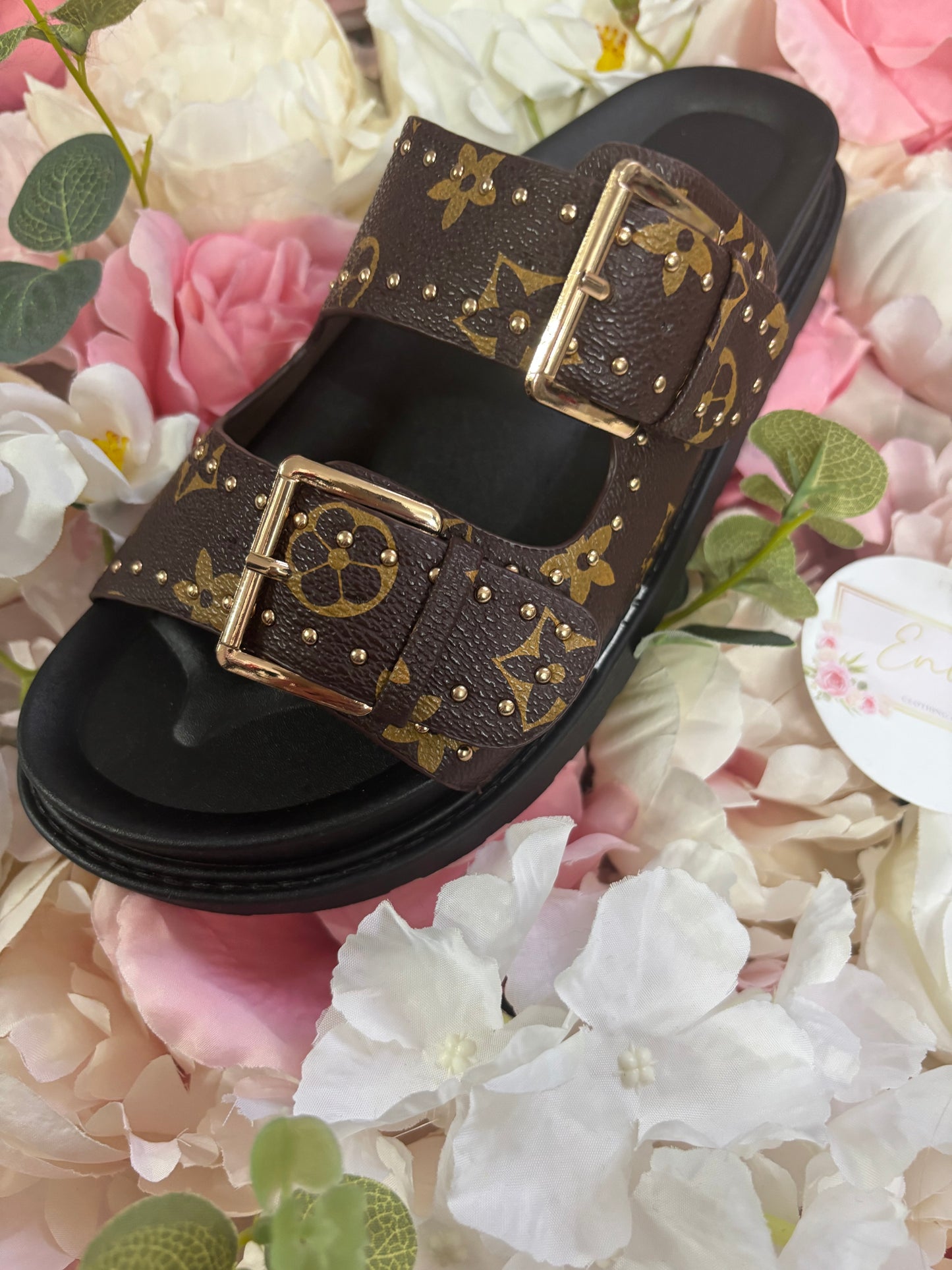 Patterned Gold Buckle Comfort Sole Sandals